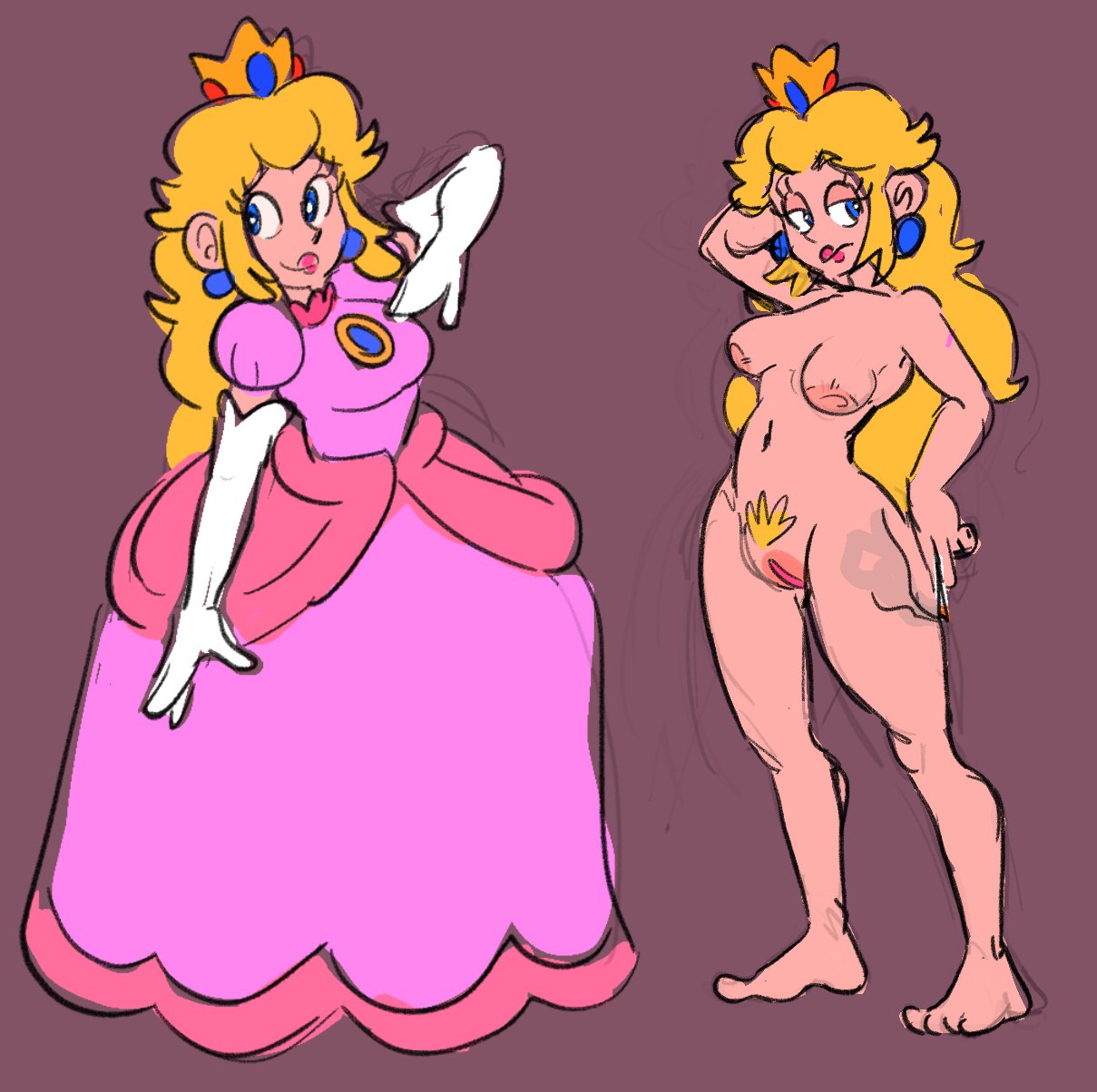 blonde blonde_female blonde_hair blonde_hair_female blonde_pubic_hair blue_eyes breasts crown dress headwear homar_simpleton mario_(series) nintendo princess_dress princess_peach pussy sketch super_mario_bros.