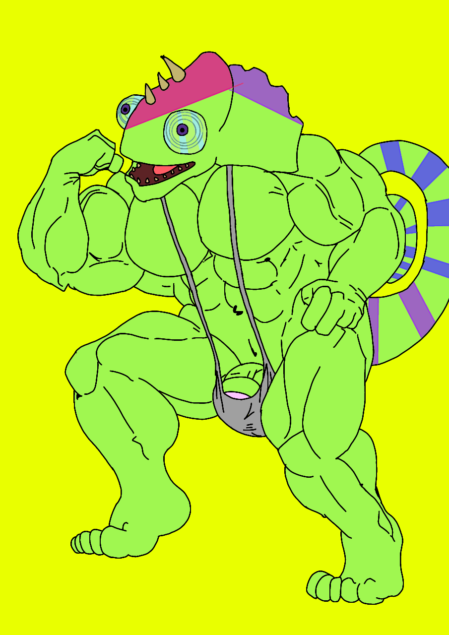 1boy 1male almost_naked anthro anthro_on_anthro bara biceps big_blue_bubble blue_sclera buff bulge bulge_through_clothing bulge_through_swimsuit bulge_through_underwear bulge_under_clothes bulge_under_swimsuit chameleon chameleon_humanoid chameleon_tail color colored colored_skin colored_tail ethereal ethereal_island ethereal_monster flex flexing flexing_arm flexing_muscles gay gray_mankini gray_thong green_body green_skin kazilleon kazilleon_(my_singing_monsters) lime_background lizard mankini msm muscular muscular_male my_singing_monsters my_singing_monsters:_dawn_of_fire pecs penis purple_eyes purple_pupils sexy smiling thong traced traced_art yellow_background