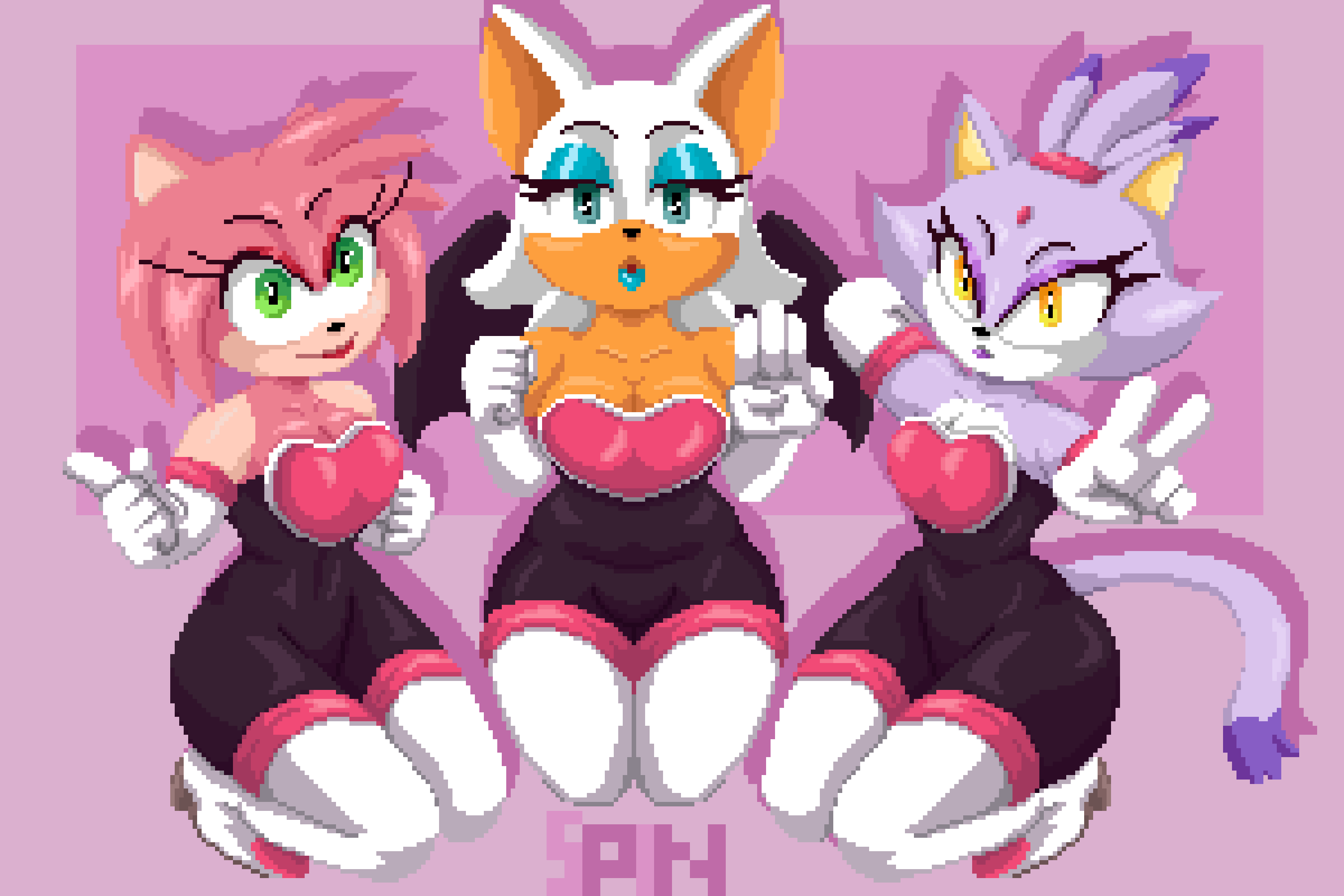 3girls amy_rose amy_the_bat blaze_the_cat bodysuit breasts curvy neckline rouge_the_bat rouge_the_bat_(cosplay) sonic_(series) spandex_suit spinneborg