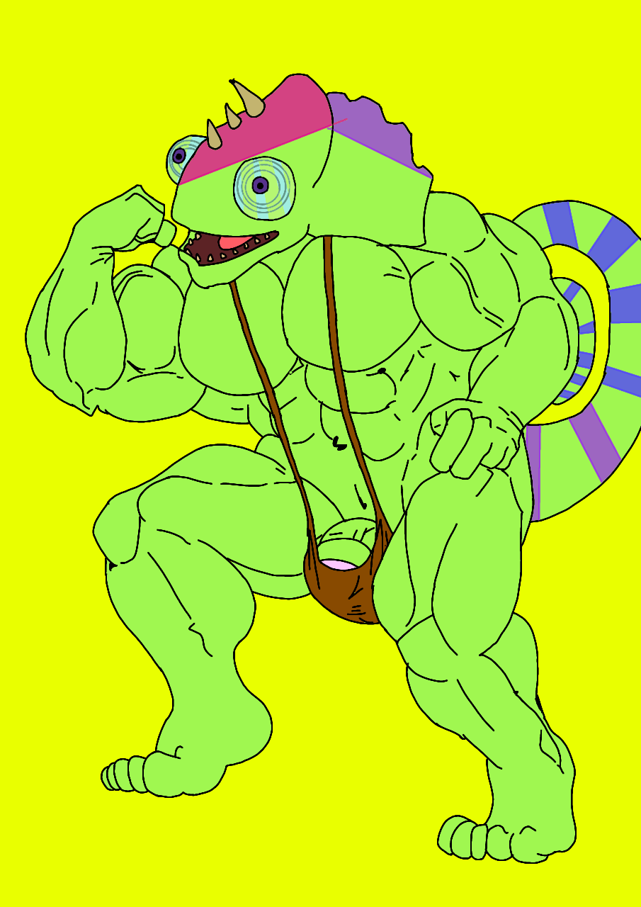 1boy 1male almost_naked anthro anthro_on_anthro bara biceps big_blue_bubble blue_sclera brown_mankini brown_thong buff bulge bulge_through_clothing bulge_through_swimsuit bulge_through_underwear bulge_under_clothes bulge_under_swimsuit chameleon chameleon_humanoid chameleon_tail color colored colored_skin colored_tail ethereal ethereal_island ethereal_monster flex flexing flexing_arm flexing_muscles gay green_body green_skin kazilleon kazilleon_(my_singing_monsters) lime_background lizard mankini msm muscular muscular_male my_singing_monsters my_singing_monsters:_dawn_of_fire pecs penis purple_eyes purple_pupils sexy smiling thong traced traced_art yellow_background