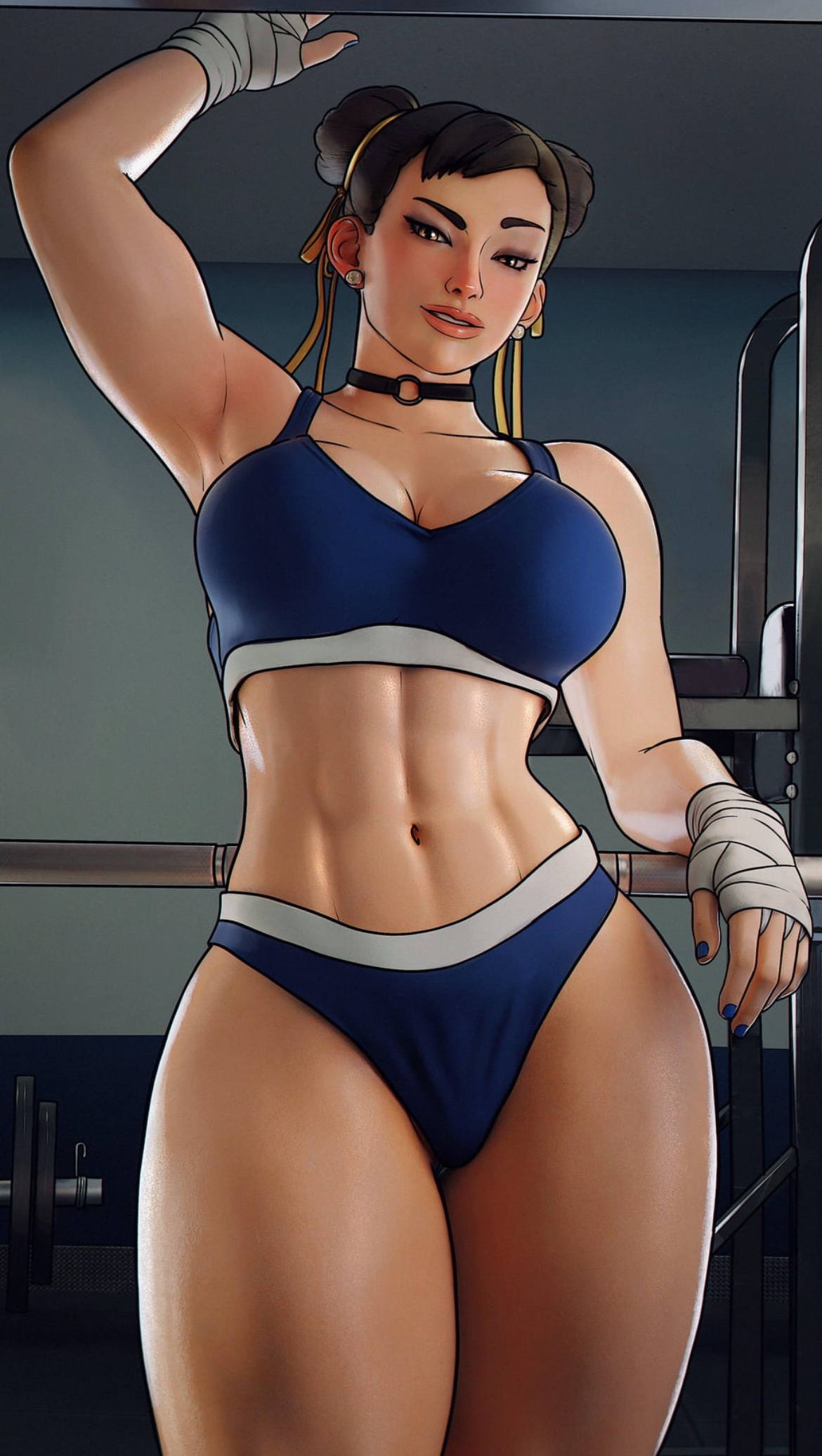 athletic, athletic female, big breasts, breasts, capcom, chun-li, curvy, curvy figure, female, hourglass figure, milf, sports bra, sportswear, street fighter