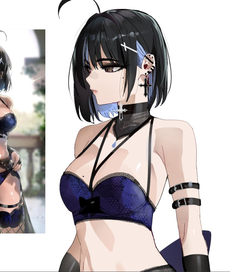 1girls adult adult_female ahoge antenna_hair armband bare_belly bare_chest bare_midriff bare_shoulders bare_skin belly black_hair black_hair_female blue_bra blue_hair blue_hair_female blue_underwear bra breasts brown_eyes brown_eyes_female busty busty_female busty_girl collarbone cross_hair_ornament dot_nose ear_piercing ear_piercings earrings exposed_belly exposed_chest exposed_midriff exposed_shoulders exposed_skin fair_skin female female_focus female_naked female_only frilled_bra frilled_underwear hair_between_eyes hair_ornament hair_ornaments half_naked half_nude irene_(kanniiepan) kanniiepan lace-trimmed_bra lace_bra lace_underwear laced_bra laced_underwear lean_body lean_figure light-skined_female light-skinned light-skinned_female light_skin light_skin_female light_skinned light_skinned_female lips mature mature_female medium_breasts medium_hair midriff mole mole_under_eye multicolored_hair naked naked_female naked_woman narrow_waist nude nude_female nudity original original_art original_artwork original_character original_characters pale pale-skinned_female pale_skin pale_skinned_female partially_naked pierced_ear pierced_ears ribbon_bra semi_nude shoulders sideboob simple_background slender_body slender_waist slim_girl slim_waist smooth_skin solo standing thin_waist underwear underwear_only upper_body white-skinned_female white_background white_skin white_skinned_female