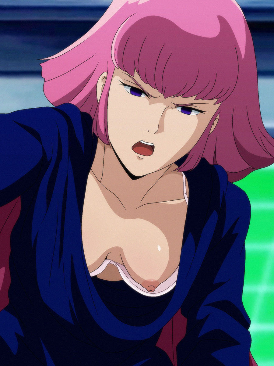 1girls blue_clothing bra exposed_breasts exposed_nipples gundam gundam_zz haman_karn light-skinned_female light_skin pink_hair purple_eyes salmon_knight solo wardrobe_malfunction