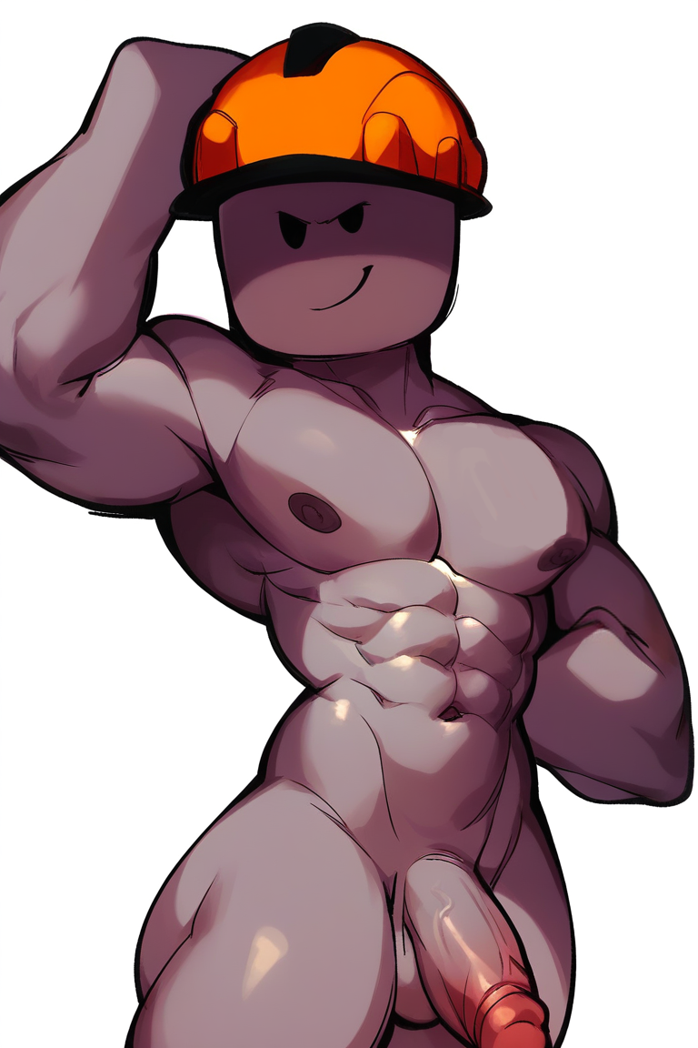 1boy ai_generated balls beady_eyes buff buff_male builderman colored_skin dynamic_pose gay grey_skin hardhat male male_focus male_only muscles muscular muscular_male naked naked_male nipples nude nude_male pecs penis posing_for_the_viewer roblox robloxian smug smug_face veiny_penis