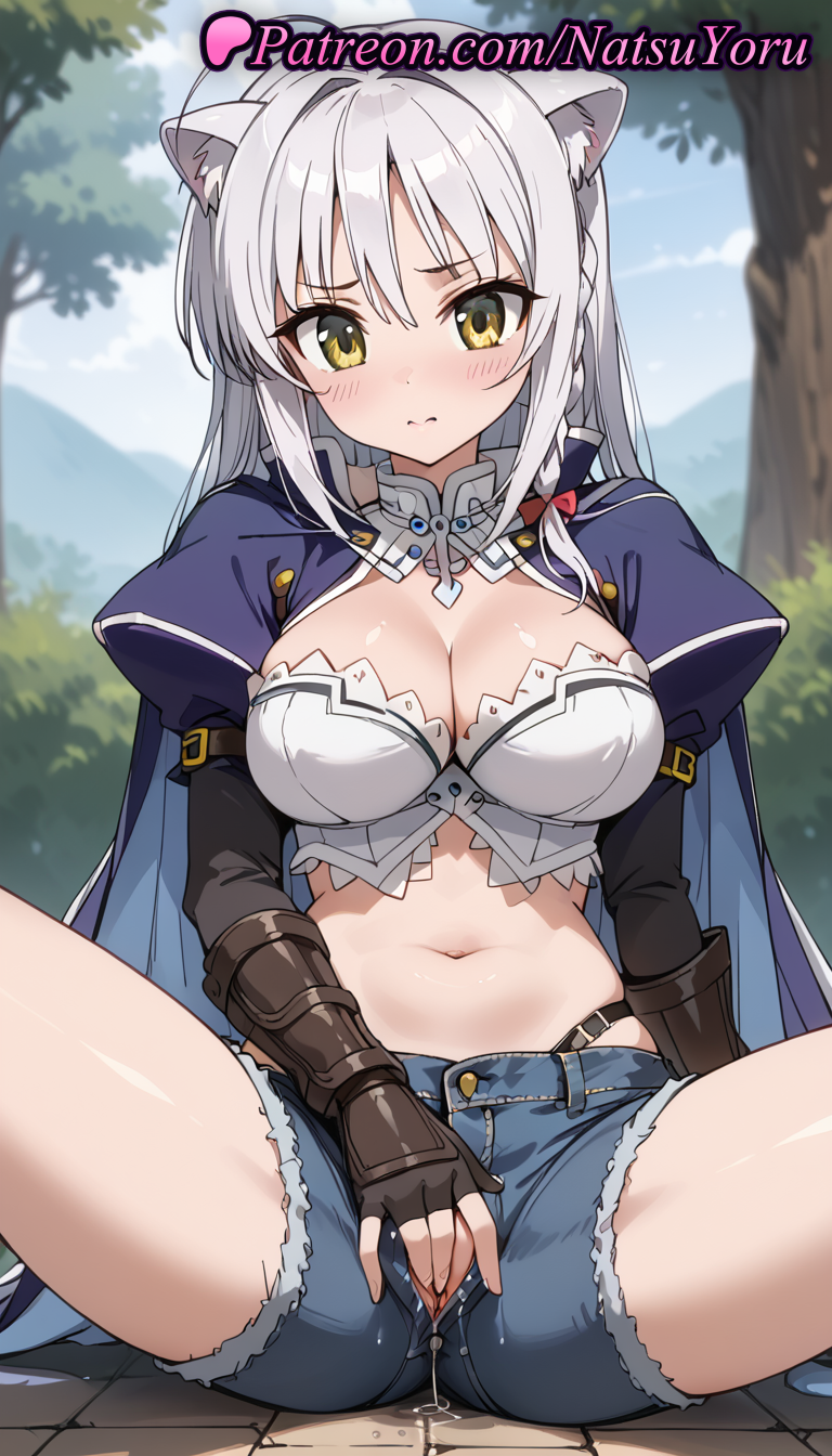 1girls ahoge ai_generated animal_ear_fluff animal_ears anime anime_style arm_belt asian bangs black_gloves blue_cape blue_shorts blush bow braid breasts brown_gloves bust bustier busty cape cat_ears cleavage closed_mouth crop_top cutoffs day denim denim_shorts dog_days female female_focus female_masturbation female_only fingering fingerless_gloves frown gloves grey_hair hair_intakes hairbow hentai highleg highleg_panties jacket juliet_sleeves large_breasts leonmitchelli_galette_des_rois long_hair long_sleeves looking_at_viewer masturbation masturbation_through_clothes medium_breasts micro_shorts midriff natsuyoru navel open_fly outdoors panties puffy_sleeves pussy_juice short_shorts shorts side_braid silver_hair single_braid sitting solo solo_female spread_legs stomach thighs tree underwear voluptuous voluptuous_female white_hair yellow_eyes