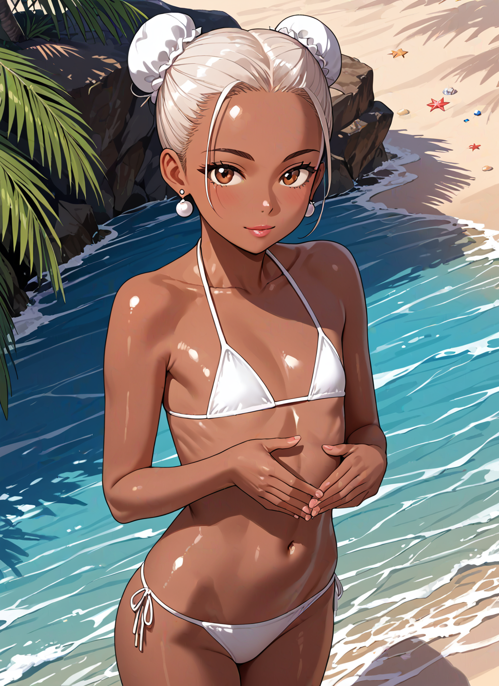 ai_generated beach beautiful_background bikini brown_body brown_skin dark-skinned_female earrings female female_only flat_chest hair_bun hands_up hi_res looking_at_viewer petite_body seekster shiny_skin solo standing_up tight_bikini tight_swimsuit two_piece_swimsuit white_hair