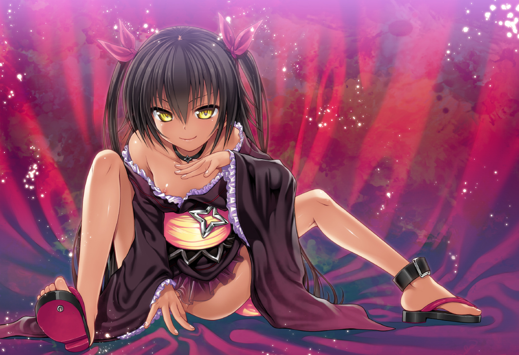 10s, 40010prototype, black hair, blush, breasts, dark skin, dark-skinned female, female, female focus, hair ribbon, japanese clothes, long hair, looking at viewer, master nemesis, nipple slip, nipples, no bra, no panties, ribbon, sandals, shiny skin, sitting, small breasts, smile, solo, spread legs, to love-ru, to love-ru darkness, toes, twintails, yellow eyes