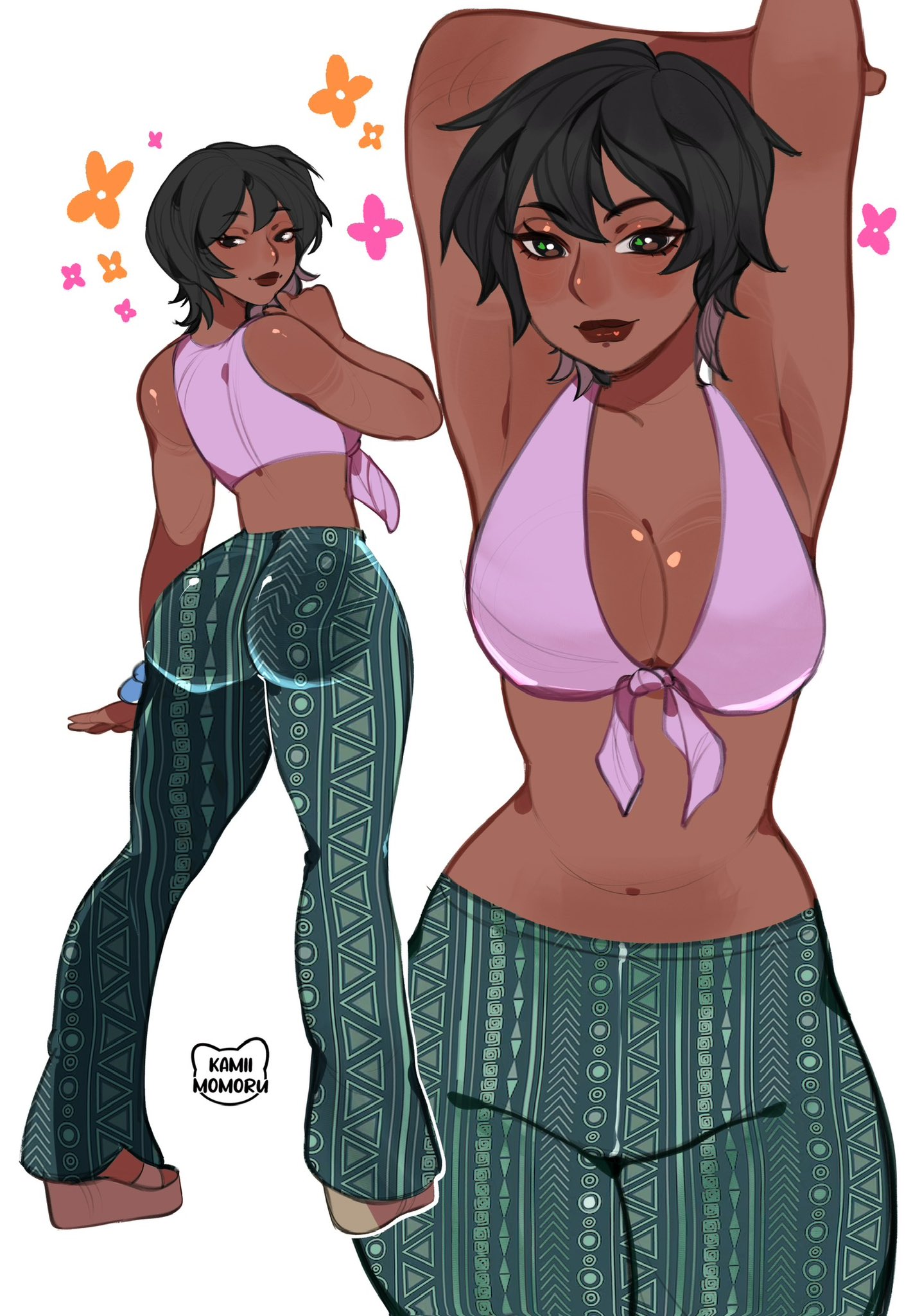 andrea (kamii momoru), ass, breasts, brown skin, bubble ass, bubble butt, curvy figure, different angle, female, flare pants, forbidden pants, high heels, kamii momoru, looking back, original, original character, sexy, short hair, wedge heels