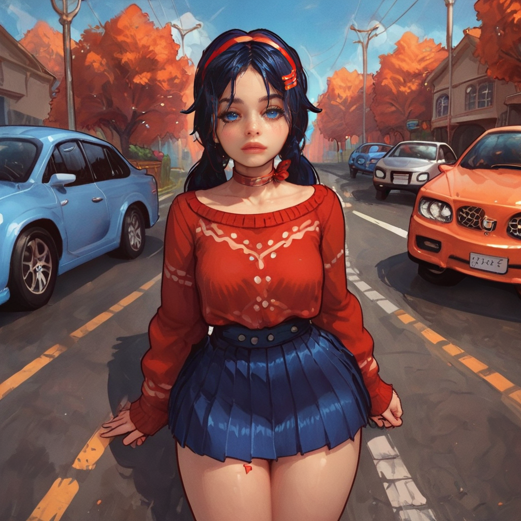 2024 2025 2026 ai_generated big_breasts big_thighs blue_hair braids chocker female hairband happy miside mita_(miside) obedience seductive skirt smile soprano_r34 sweater young_girl