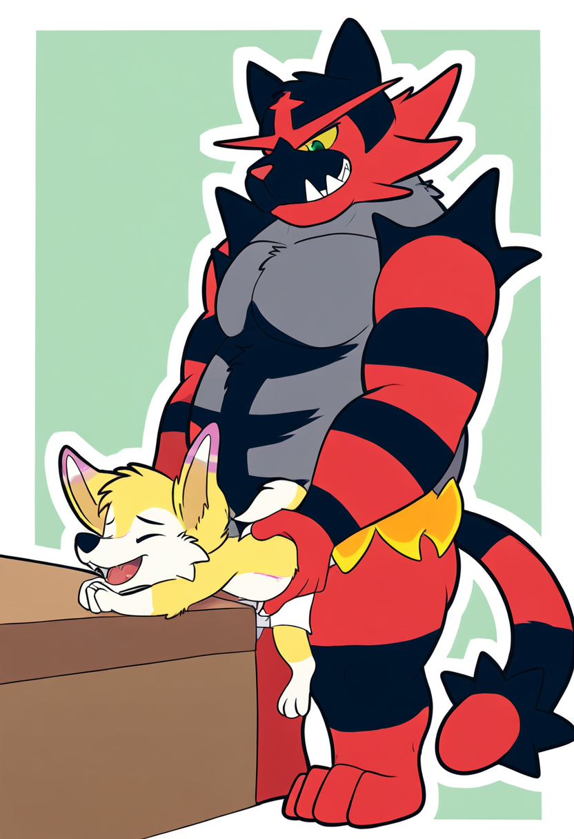 adult_on_cub adult_on_young bent_over cub deep_penetration fox gay green_eyes incineroar male male/male male_cub male_only pokemon pokemon_(species) pokephilia red_fur young young_fox