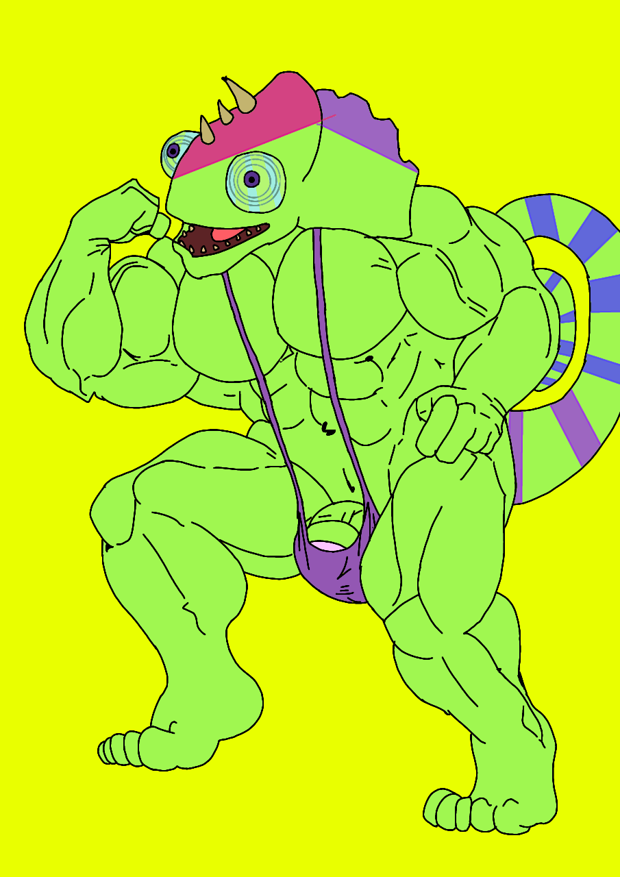 1boy 1male almost_naked anthro anthro_on_anthro bara biceps big_blue_bubble blue_sclera buff bulge bulge_through_clothing bulge_through_swimsuit bulge_through_underwear bulge_under_clothes bulge_under_swimsuit chameleon chameleon_humanoid chameleon_tail color colored colored_skin colored_tail ethereal ethereal_island ethereal_monster flex flexing flexing_arm flexing_muscles gay green_body green_skin kazilleon kazilleon_(my_singing_monsters) lime_background lizard mankini msm muscular muscular_male my_singing_monsters my_singing_monsters:_dawn_of_fire pecs penis purple_eyes purple_mankini purple_pupils purple_thong sexy smiling thong traced traced_art yellow_background