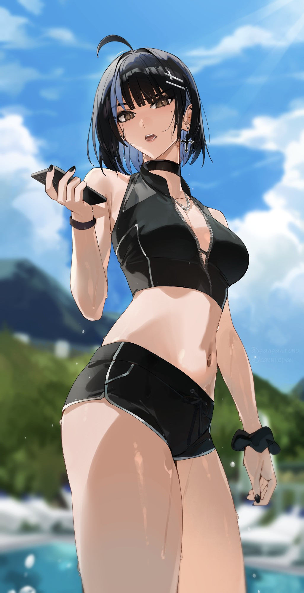 1girls adult adult_female ahoge antenna_hair bare_arms bare_belly bare_hands bare_legs bare_midriff bare_navel bare_shoulders bare_skin bare_thighs belly belly_button black_choker black_fingernails black_hair black_hair_female black_nail_polish black_nails blue_sky blurred_background blurry_background breasts brown_eyes brown_eyes_female busty busty_female busty_girl choker cleavage clouds curvaceous curvaceous_body curvaceous_female curvaceous_figure curvaceous_hips curvaceous_thighs curvy curvy_body curvy_female curvy_figure curvy_hips curvy_thighs day daylight daytime dot_nose dripping_wet ear_piercing ear_piercings earrings elbows exposed_arms exposed_belly exposed_legs exposed_midriff exposed_navel exposed_shoulders exposed_skin exposed_thighs fair_skin female female_focus female_only fingernails fingers head_tilt high_resolution highres hourglass_figure irene_(kanniiepan) kanniiepan large_breasts lean_body lean_figure legs light-skined_female light-skinned light-skinned_female light_skin light_skin_female light_skinned light_skinned_female lips looking_at_viewer looking_down looking_down_at_viewer mature mature_female medium_hair midriff mole mole_under_eye nail_polish nails narrow_waist navel open_mouth original original_art original_artwork original_character outdoor outdoor_nudity outdoors outside parted_lips pierced_ear pierced_ears shoulders sky slender_body slender_waist slim_girl slim_waist smooth_skin soaked solo standing thick_thighs thighs thin_waist tilted_head tongue underboob upper_body upper_teeth wet wet_arms wet_belly wet_body wet_hair wet_legs wet_skin wet_thighs wide_hips