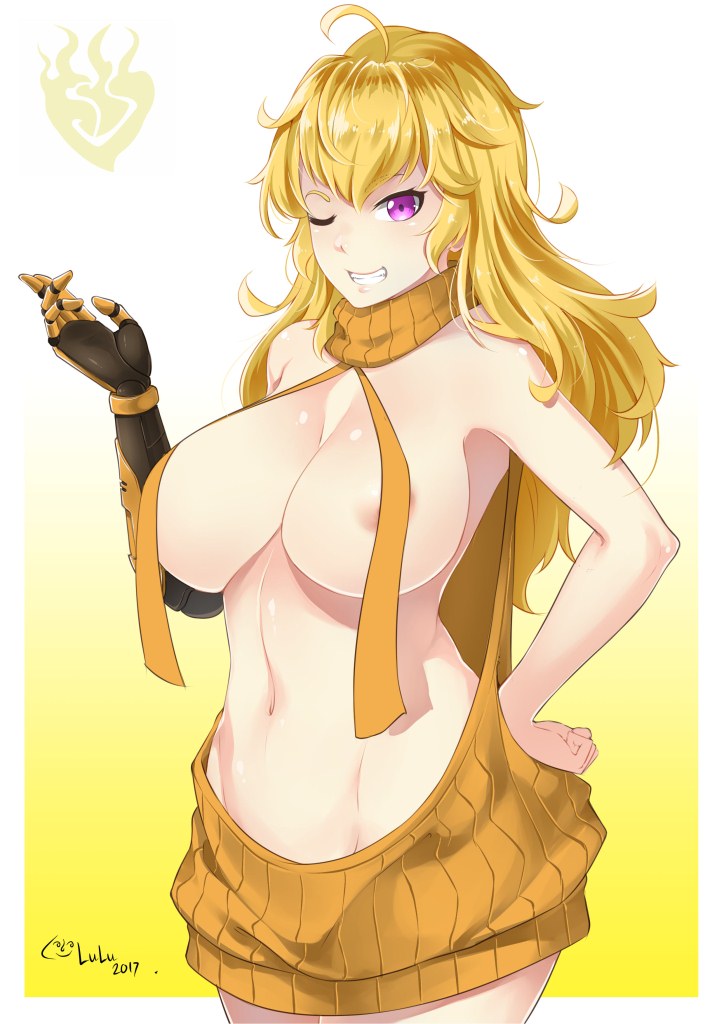 1girls 2017 ahoge areola_slip areolae bare_shoulders blonde_hair breasts cowboy_shot dress emblem female female_only gloves gradient gradient_background halterneck large_breasts long_hair lulu-chan92 meme_attire naked_sweater navel no_underwear one_eye_closed prosthesis prosthetic prosthetic_arm prosthetic_limb purple_eyes reverse_virgin_killer_sweater robotic_arm rwby single_glove sleeveless sleeveless_turtleneck smiling solo sweater sweater_dress turtleneck virgin_killer_sweater wardrobe_error wavy_hair wink yang_xiao_long