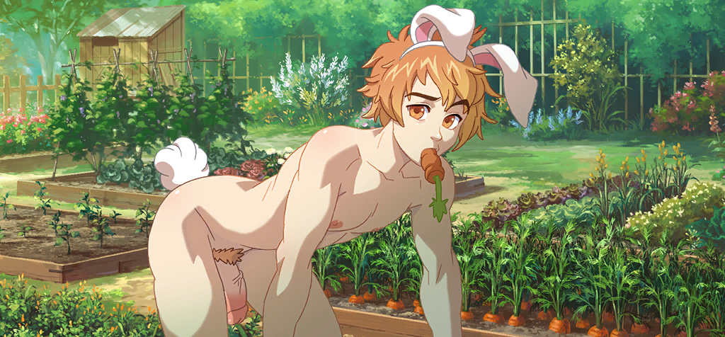 1boy all_fours average_penis blush blush_blush bunny_ears buttplug carrot game_cg garden gay l male male_only muscles nail_polish nimh_(blush_blush) outdoors penis pubic_hair sad_panda_studios slim solo veiny_penis yaoi