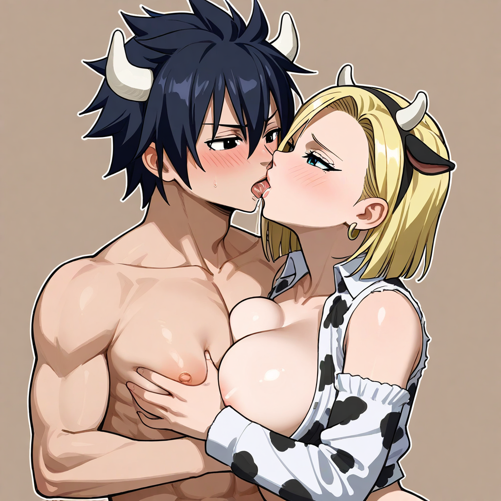 1boy 1girls ai_generated android_18 artist_request blonde_hair cow_costume crossover dragon_ball dragon_ball_gt dragon_ball_super dragon_ball_z fairy_tail female gray_fullbuster kissing male