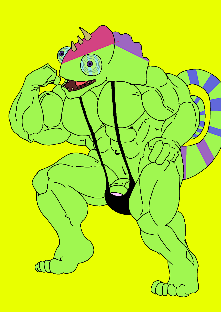 1boy 1male almost_naked anthro anthro_on_anthro bara biceps big_blue_bubble black_mankini black_thong blue_sclera buff bulge bulge_through_clothing bulge_through_swimsuit bulge_through_underwear bulge_under_clothes bulge_under_swimsuit chameleon chameleon_humanoid chameleon_tail color colored colored_skin colored_tail ethereal ethereal_island ethereal_monster flex flexing flexing_arm flexing_muscles gay green_body green_skin kazilleon kazilleon_(my_singing_monsters) lime_background lizard mankini msm muscular muscular_male my_singing_monsters my_singing_monsters:_dawn_of_fire pecs penis purple_eyes purple_pupils sexy smiling thong traced traced_art yellow_background