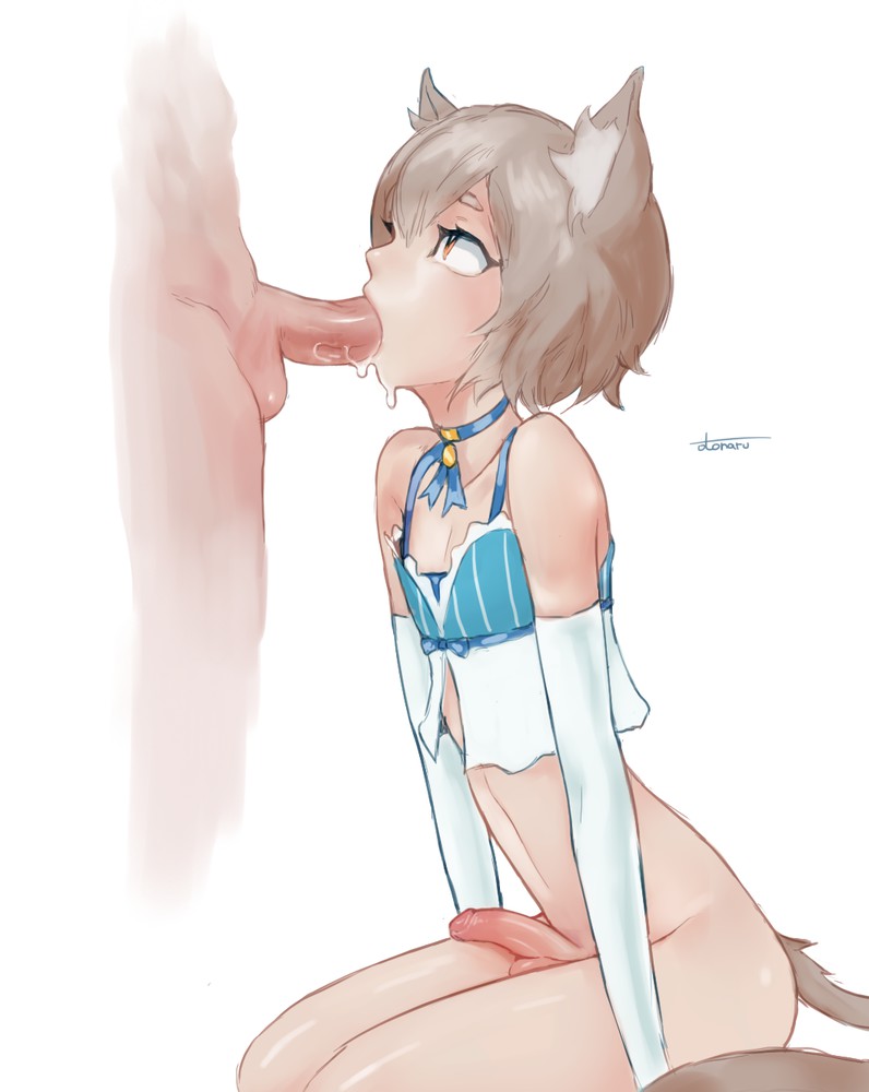 2boys animal_ears animal_tail blowjob brown_hair cat_ears catboy cock cum_in_mouth felix_argyle femboy light-skinned_male male male_only orange_eyes penis