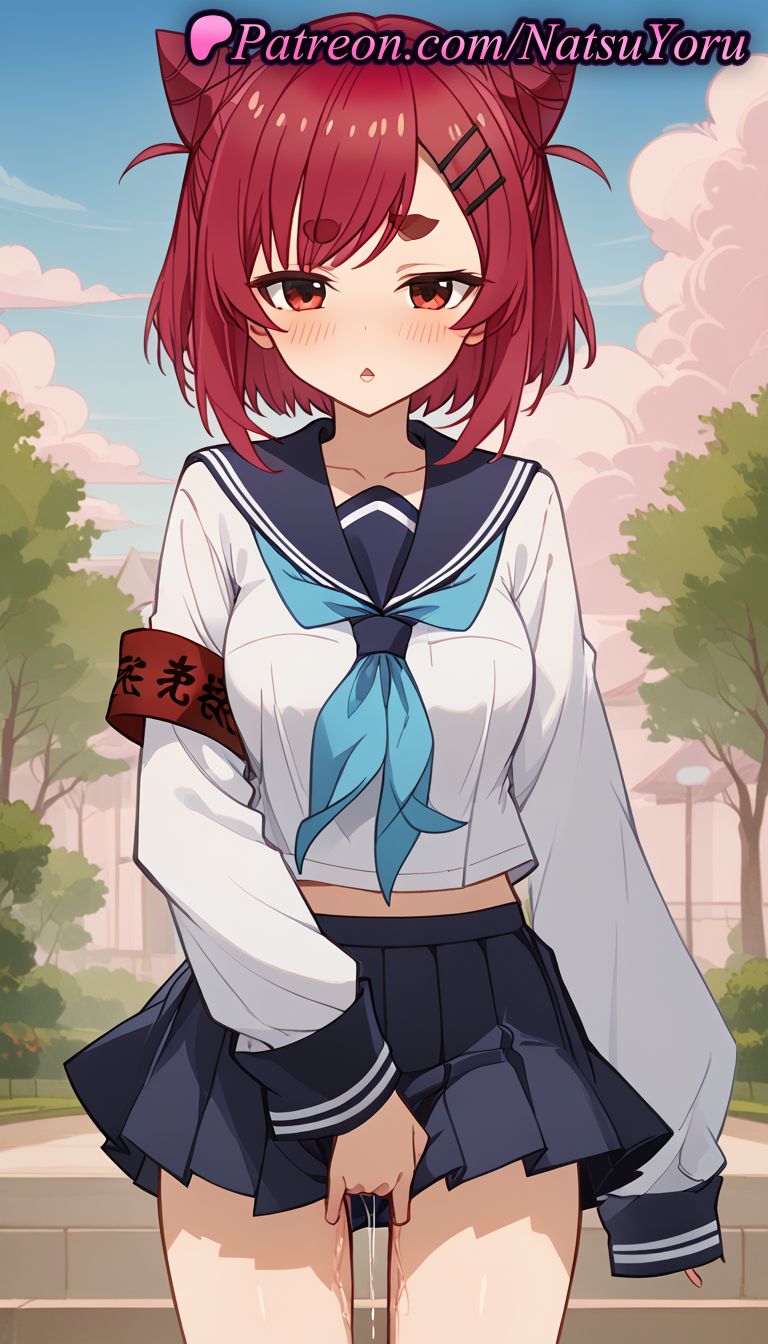 1girls ai_generated anime anime_style armband bangs between_legs black_sailor_collar black_skirt blue_neckerchief blue_sailor_collar blue_skirt blue_sky blush breasts bust busty chestnut_mouth cloud collarbone cone_hair_bun cowboy_shot day double_bun female_focus female_masturbation female_only fingering hair_bun hair_ornament hairclip hand_between_legs hentai long_sleeves looking_at_viewer masturbation medium_breasts midriff_peek miniskirt my_deer_friend_nokotan natsuyoru neckerchief nekoyamada_neko open_mouth outdoors parted_lips pleated_skirt puffy_long_sleeves puffy_sleeves pussy_juice pussy_juice_trail red_armband red_eyes red_hair safety_pin sailor_collar sailor_uniform school_uniform serafuku shirt short_eyebrows short_hair skirt sky sleeves_past_wrists solo solo_female standing straight-on thick_eyebrows tree triangle_mouth voluptuous voluptuous_female white_shirt