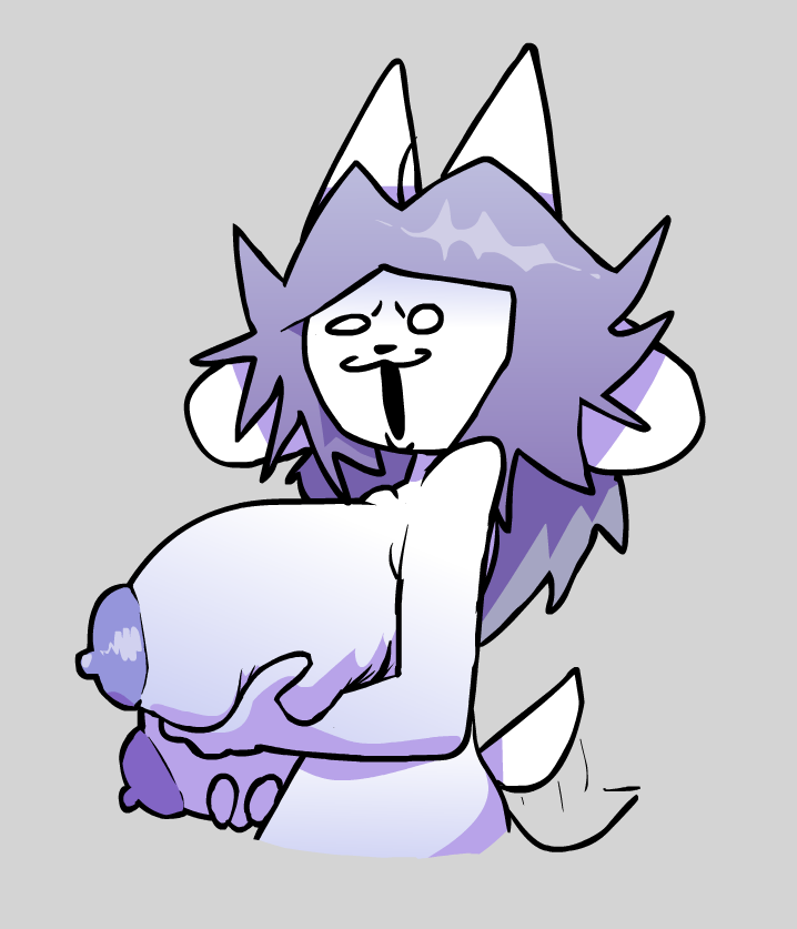 2023 :3 anthro areola big_areola big_breasts breasts digital_drawing_(artwork) digital_media_(artwork) female funny_face fur grey_hair hair holding_breast huge_breasts loudnormal4 nipples simple_background solo tail tail_motion tailwag tem temmie_(undertale) undertale undertale_(series) white_body white_fur