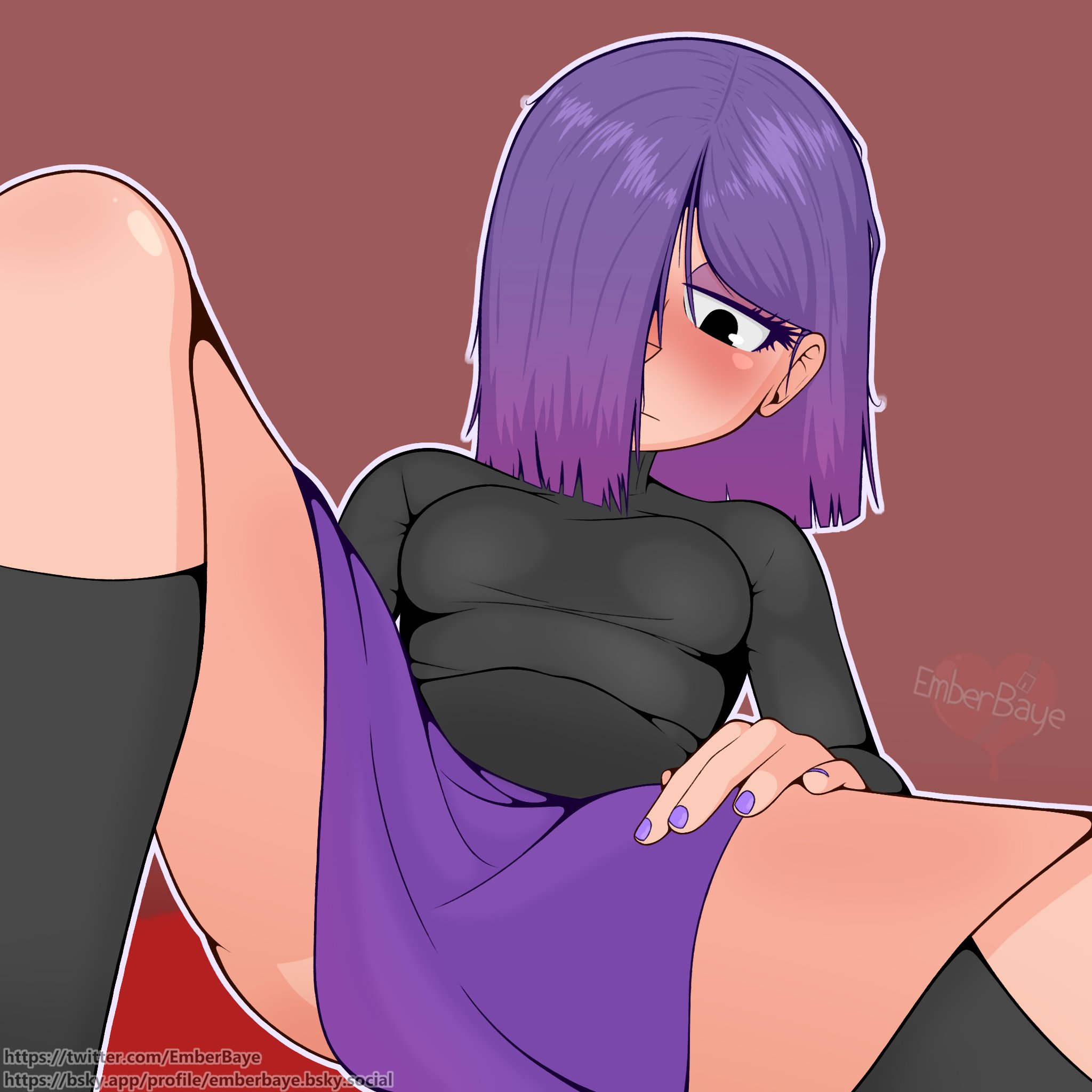 ass visible under skirt, black socks, black sweater, blush, duolingo, emberbaye, female, hair covering eye, hand on thigh, kneehighs, legs apart, lily (duolingo), on back, purple hair, purple nails, purple skirt, solo female