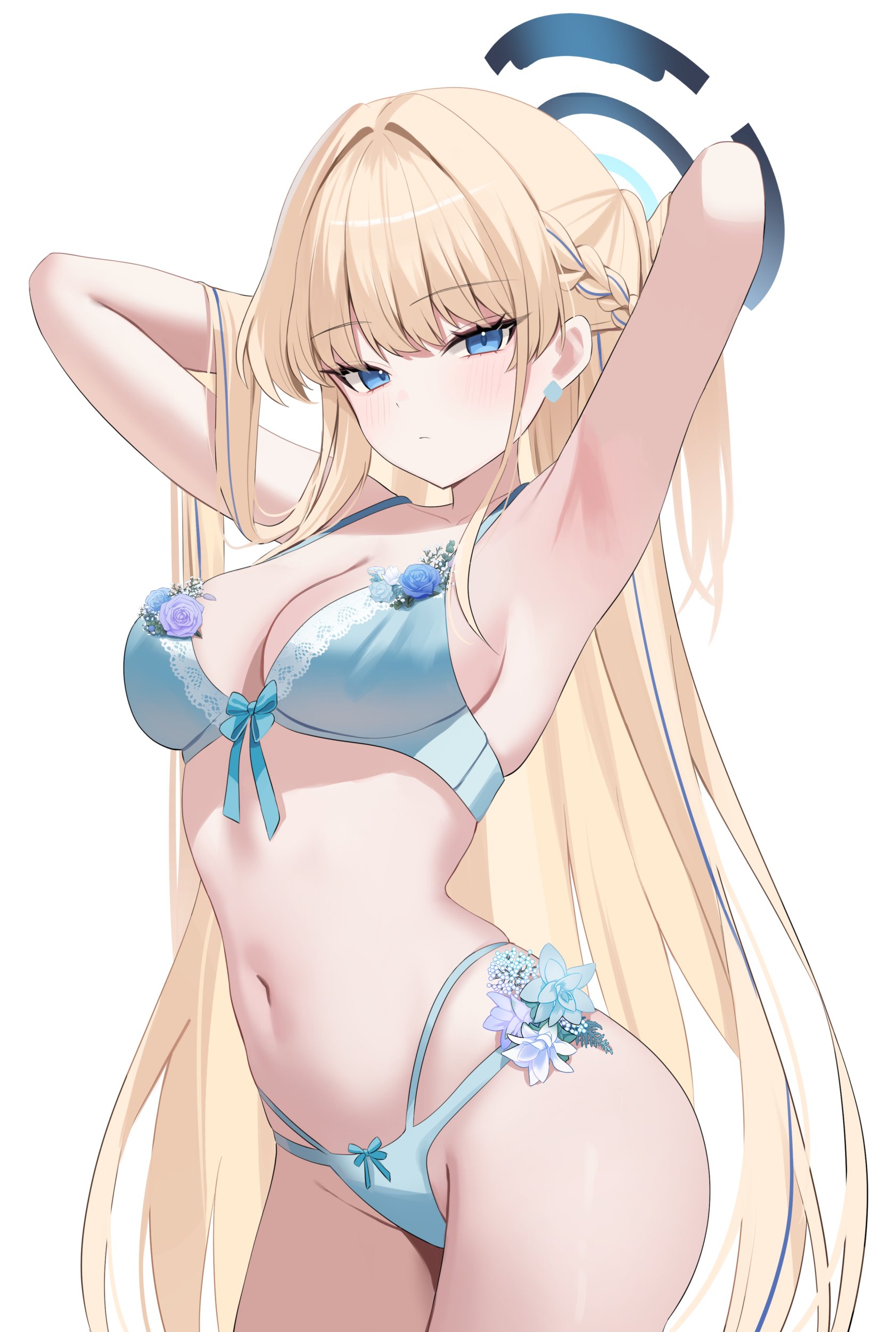 1girls, absurdres, armpits, arms behind head, arms up, blonde hair, blue archive, blue bra, blue eyes, blue hair, blue panties, bra, braid, breasts, cleaning & clearing (blue archive), cleavage, commentary, expressionless, female, front-tie bra, half up braid, halo, highres, light skin, light-skinned female, lingerie, long hair, looking at viewer, medium breasts, millennium science school student, multi-strapped panties, multicolored hair, nannung, navel, panties, simple background, solo, stomach, streaked hair, symbol-only commentary, toki (blue archive), underwear, underwear only, very long hair, white background
