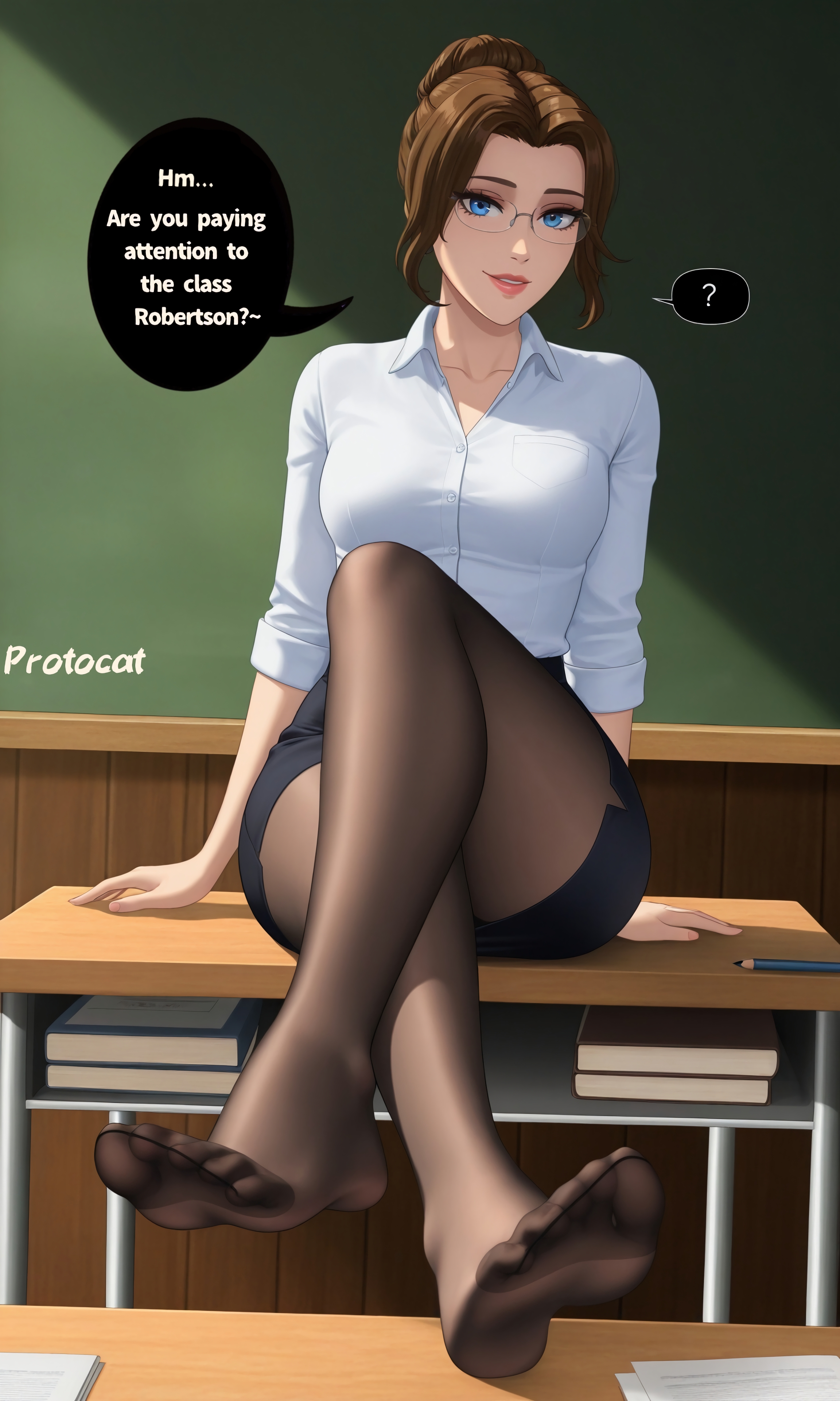 1girls, ai generated, alternate hairstyle, black legwear, blue eyes, brown hair, brunette hair, classroom, dispatch (game), feet, female, foot fetish, fully clothed, glasses, hair bun, legs crossed, legs spread, legwear, light skin, light-skinned female, looking at viewer, mandy (dispatch), pantyhose, pencil skirt, protocat, seductive, shirt, sidelocks, skirt, slim, slim waist, solo, solo female, stockings, talking to viewer, teacher, teacher outfit, text, text bubble, toes