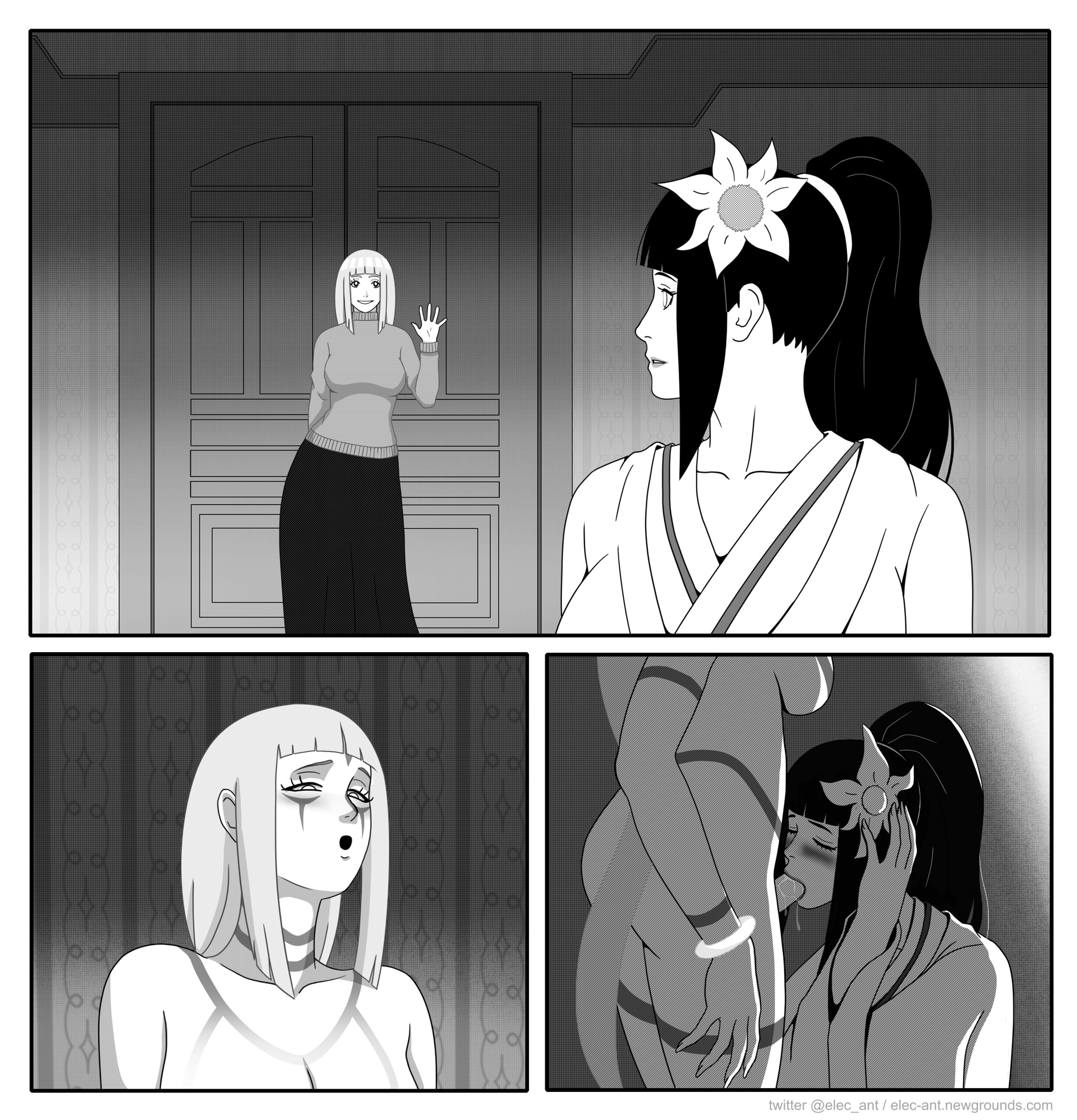 1futa, 2girls, big breasts, black hair, blonde hair, blush, body markings, bodypaint, bracelet, cheating, cheating wife, clothed, clothed sex, cucked by futa, elec-ant, facepaint, fellatio, flower in hair, futa on female, futanari, hinata hyuuga, hyuuga hinata, japanese wedding dress, kimono, large breasts, monochrome, naruto, naruto (series), naruto shippuden, nude, oral, ritual markings, shion (naruto), smile, wedding dress