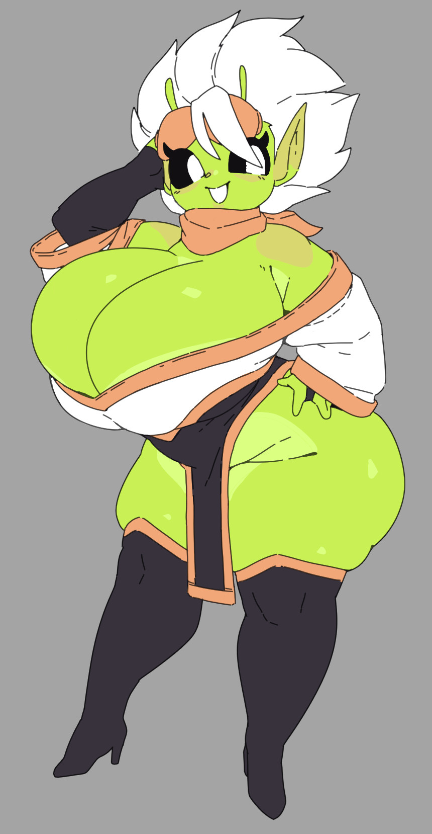 1girls, 2025, aortauricle, ass, big ass, big breasts, black sclera, bottomless, breasts, breasts bigger than head, cleavage, color, curvy, curvy female, fanart, female, female only, green body, green skin, hand behind head, hand on hip, huge breasts, ilikestuffdoyou, knee boots, long ears, looking to the side, medium hair, open mouth, pose, revealing clothes, shiny skin, smile, smooth skin, solo, tagme, tan lines, theguywhodrawsalot, thick thighs, valarie (theguywhodrawsalot), white background, white hair, white pupils