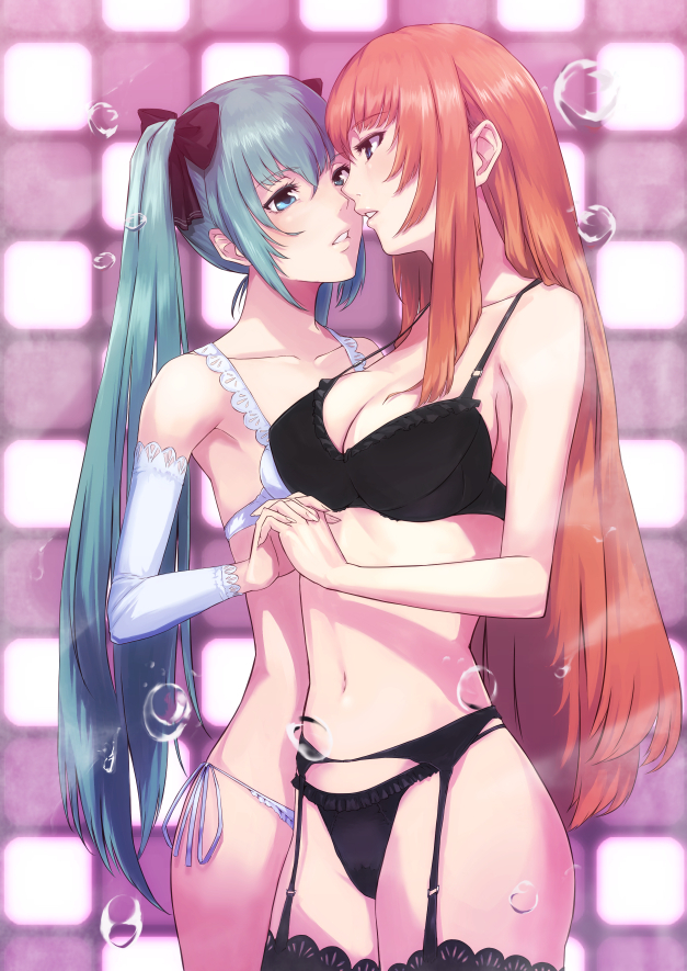 2girls, about to kiss, anime girl, anime style, aqua eyes, aqua hair, arm warmers, big breasts, black bra, black panties, blue eyes, blue hair, blurred background, bra, breast press, breasts, bubble, checkered background, cleavage, couple, detached sleeves, ecchi, exposed midriff, fanart, female, female focus, female only, frills, garter belt, hairbow, hatsune miku, holding each other, holding hands, imminent kiss, interlocked fingers, lace, large breasts, lesbian focus, lingerie, lingerie only, long hair, looking at another, medium breasts, megurine luka, multiple girls, navel, panties, pink hair, questionable, side-tie panties, thighhighs, twintails, two women, underwear, underwear only, very long hair, vocaloid, water droplets, white bra, white panties, wlw, yuri