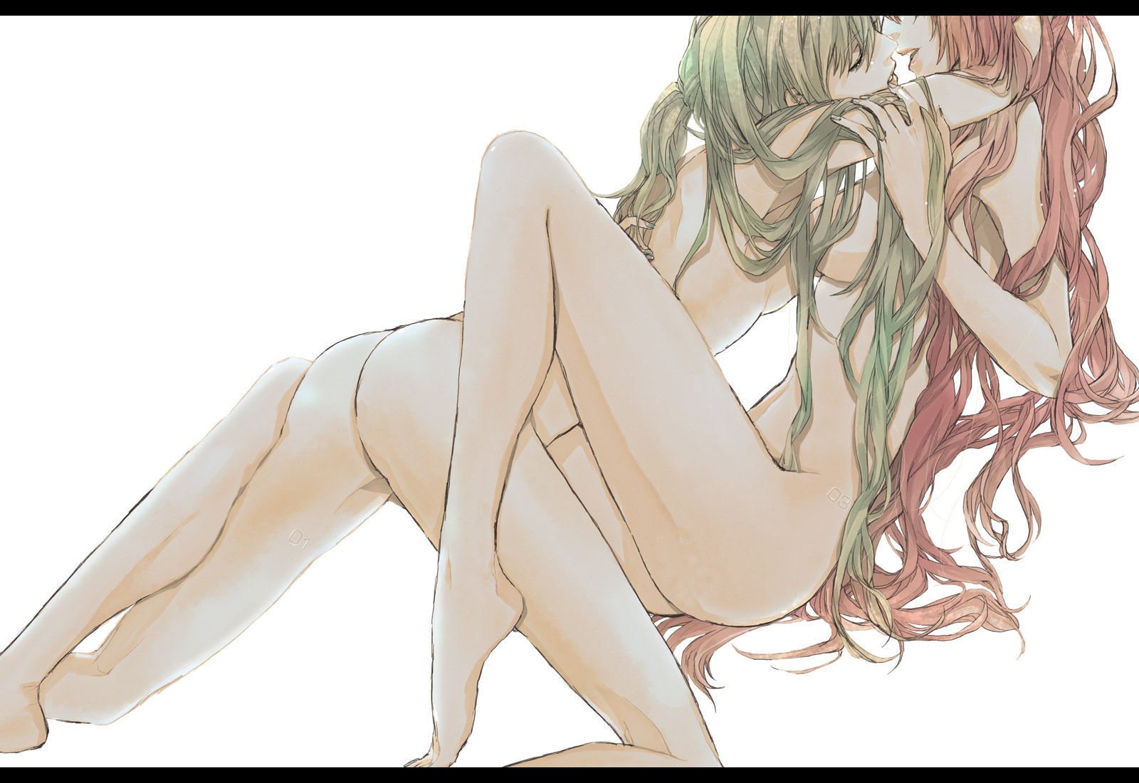 2girls, aqua hair, ass, back, barefoot, black border, blue eyes, breasts, caressing, closed eyes, closed woman only, compression artifacts, couple, duo, ecchi, fanart, female, female focus, female only, frame, green hair, hatsune miku, hug, imminent kiss, in between legs, kissing, lesbian kiss, letterboxed, light background, lips, long hair, low res, medium breasts, megurine luka, multiple girls, naked, naked female, nude, pink hair, simple background, sitting, straight hair, twintails, two girls, very long hair, vocaloid, white background, yuri