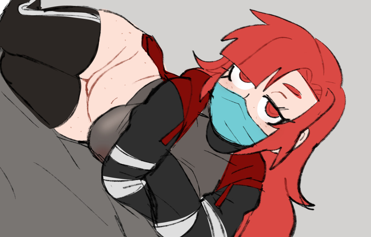 braless, chubby, chubby female, clothed, evangeline morgan, hoodie, laying down, leggings, mask, of the devil, pantsless, pupn1k, red eyes, red hair, seductive look, transparent clothing
