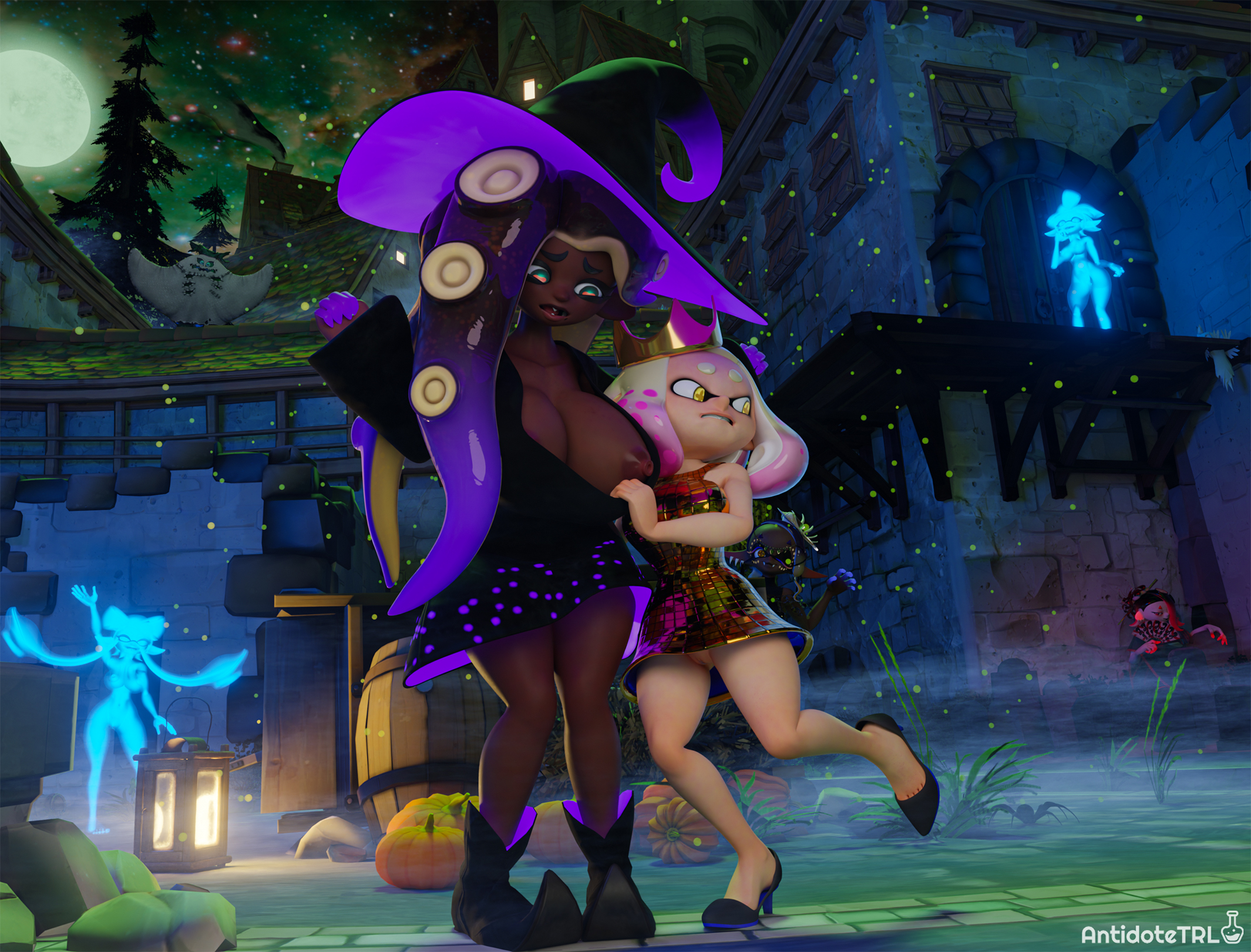 3d, antidotetrl, antisplat, big areola, big breasts, big man (splatoon), big nipples, big thighs, blender, blender (software), breasts, callie (splatoon), deep cut (splatoon), exposed pussy, female, female/female, frye (splatoon), ghost, ghost girl, ghostly nipples, halloween, halloween costume, high heels, huge breasts, inkling, inkling girl, marie (splatoon), marie (wo262), marina (splatoon), marina (wo262), nipple slip, now or never seven, nude, nude female, octoling, octoling girl, off the hook (splatoon), pearl (splatoon), pussy, scared, self upload, shiver (splatoon), splatoon, splatoon (series), squid sisters, voluptuous, voluptuous female, witch costume, wo262 (3d model style)
