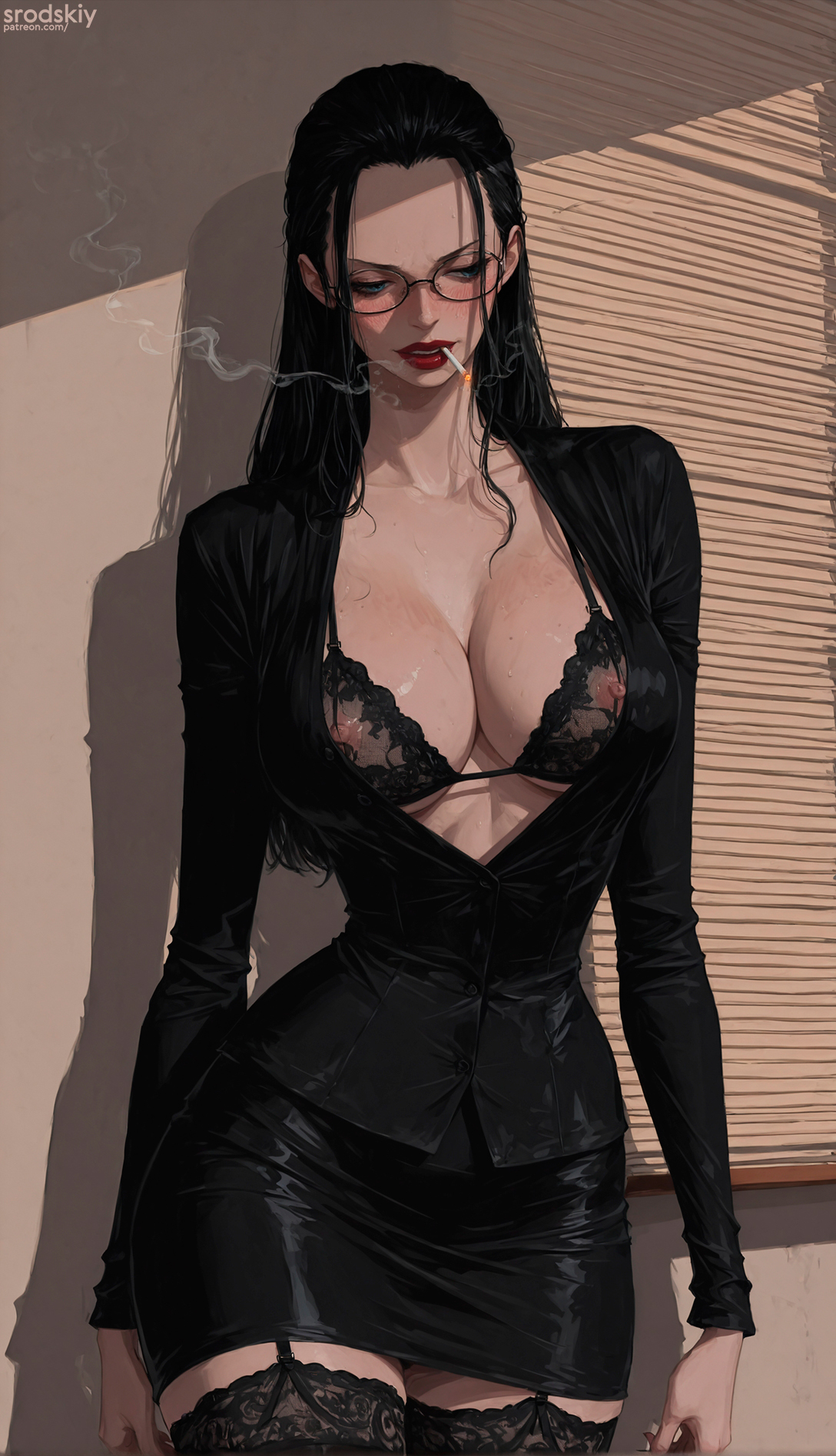 1girls, ai generated, big breasts, bra, business suit, business woman, cigarette, cigarette in mouth, covered nipples, cute, female, female only, front view, glasses, hips, horny, horny expression, horny female, large breasts, lips, lipstick, makeup, mature, mature body, mature female, nico robin, office lady, one piece, pencil skirt, perky nipples, rogue, see-through, sexy, sexy body, sexy pose, smoking, smoking cigarette, soft breasts, solo, solo female, solo focus, srodskiy, stockings, tagme, thighs, thin waist, tiny waist, vulgar