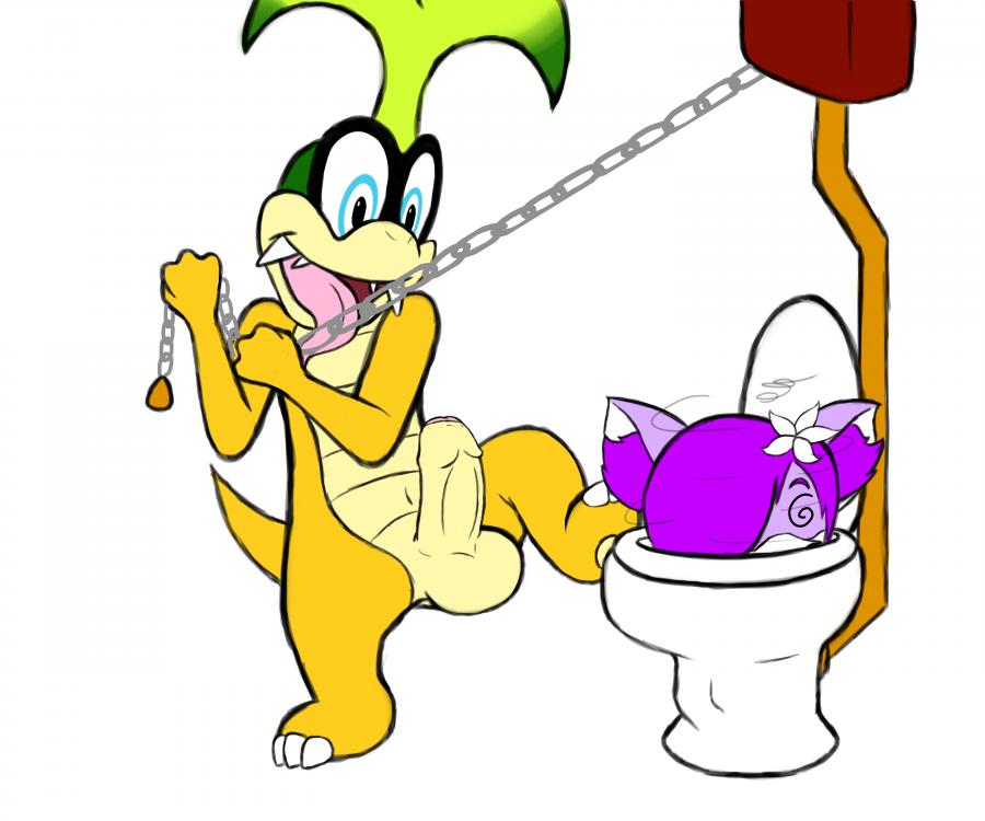 1boy 1other @_@ ambiguous_gender canine erection feral fox furry iggy_koopa kahei_yattsu koopa koopaling looking_at_another male mammal mario_(series) nintendo original_character penis simple_background sketch testicles toilet vore what white_background