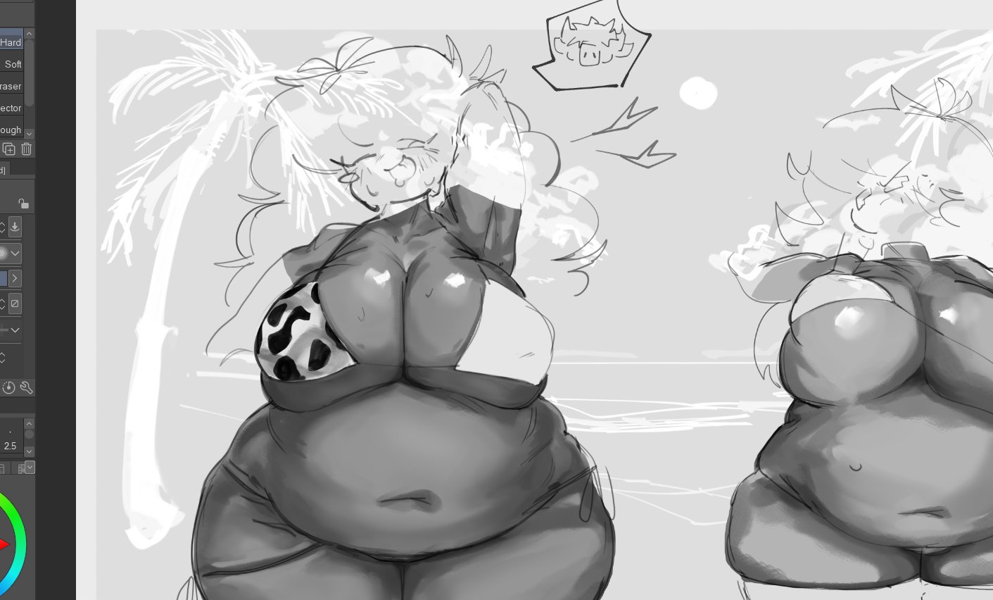 angry face, arm behind head, beach, big breasts, bikini, chubby, comparing, comparing breasts, cow bikini, curly hair, eye closed, fat ass, fat belly, fat breasts, friday night funkin, girlfriend (friday night funkin), gray background, migasnsfw, nervous smile, showing tongue, skyblue, skyverse, tanned, thick thighs, thighhighs, tongue out, unfinished