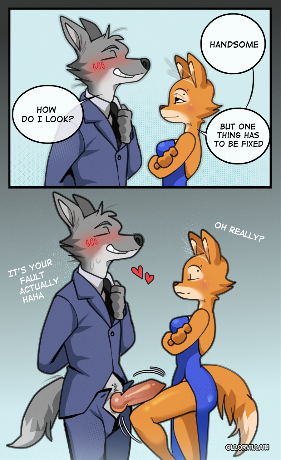 animal genitalia, animal penis, anthro, anthro on anthro, black nose, blush, bodily fluids, bottomwear, brown nose, canid, canine, canine genitalia, canine penis, canis, clothed, clothed anthro, clothed female, clothed male, clothing, comic, dialogue, diane foxington, dreamworks, dress, duo, english text, erection, female, fox, fur, furry, genitals, gllorvillain, grey body, grey fur, grin, hi res, kneejob, knot, knotted penis, male, male/female, mammal, mr. wolf (the bad guys), open bottomwear, open clothing, open pants, orange body, orange fur, pants, penis, smile, speech bubble, suit, sweat, tail, teeth, text, the bad guys, wolf