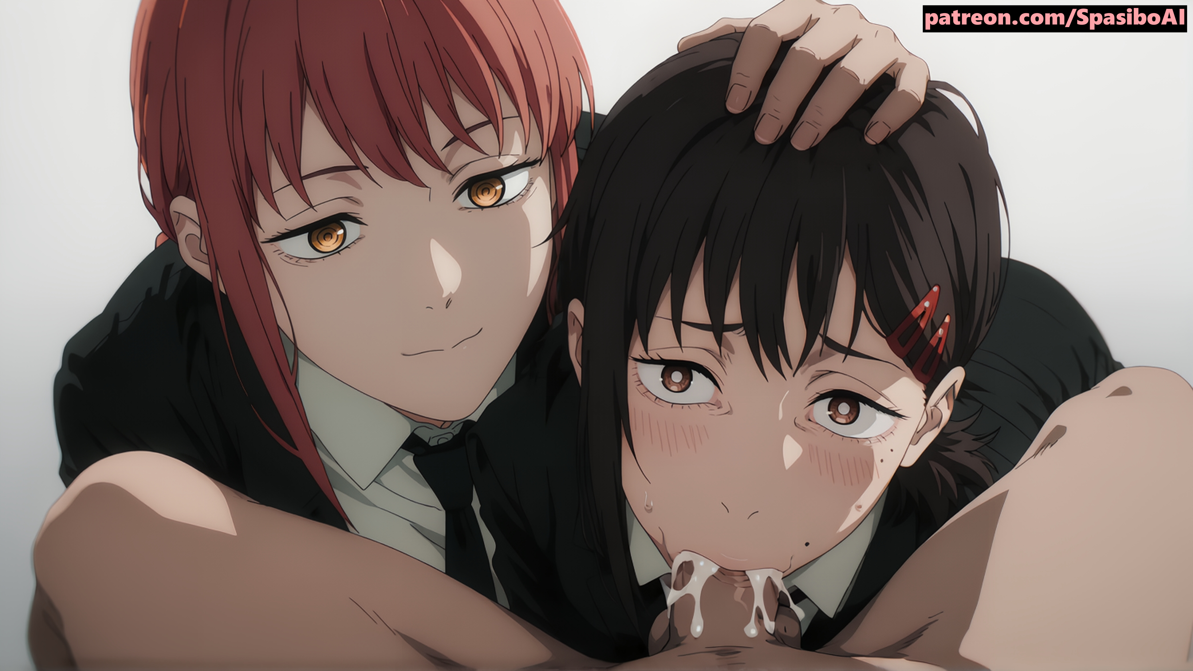 1boy, 2girls, accurate art style, ai generated, assisted fellatio, black hair, black necktie, blush, chainsaw man, collared shirt, cooperative fellatio, cum, cum in mouth, fellatio, ffm threesome, formal, group sex, hair ornament, hairclip, hand on another's head, higashiyama kobeni, irrumatio, jacket, looking at viewer, makima (chainsaw man), mole, mole under mouth, multiple girls, multiple moles, necktie, oral, penis, pov, red hair, ringed eyes, sexual coaching, shirt, smile, spasibo15, straight, suit, threesome, white shirt, yellow eyes