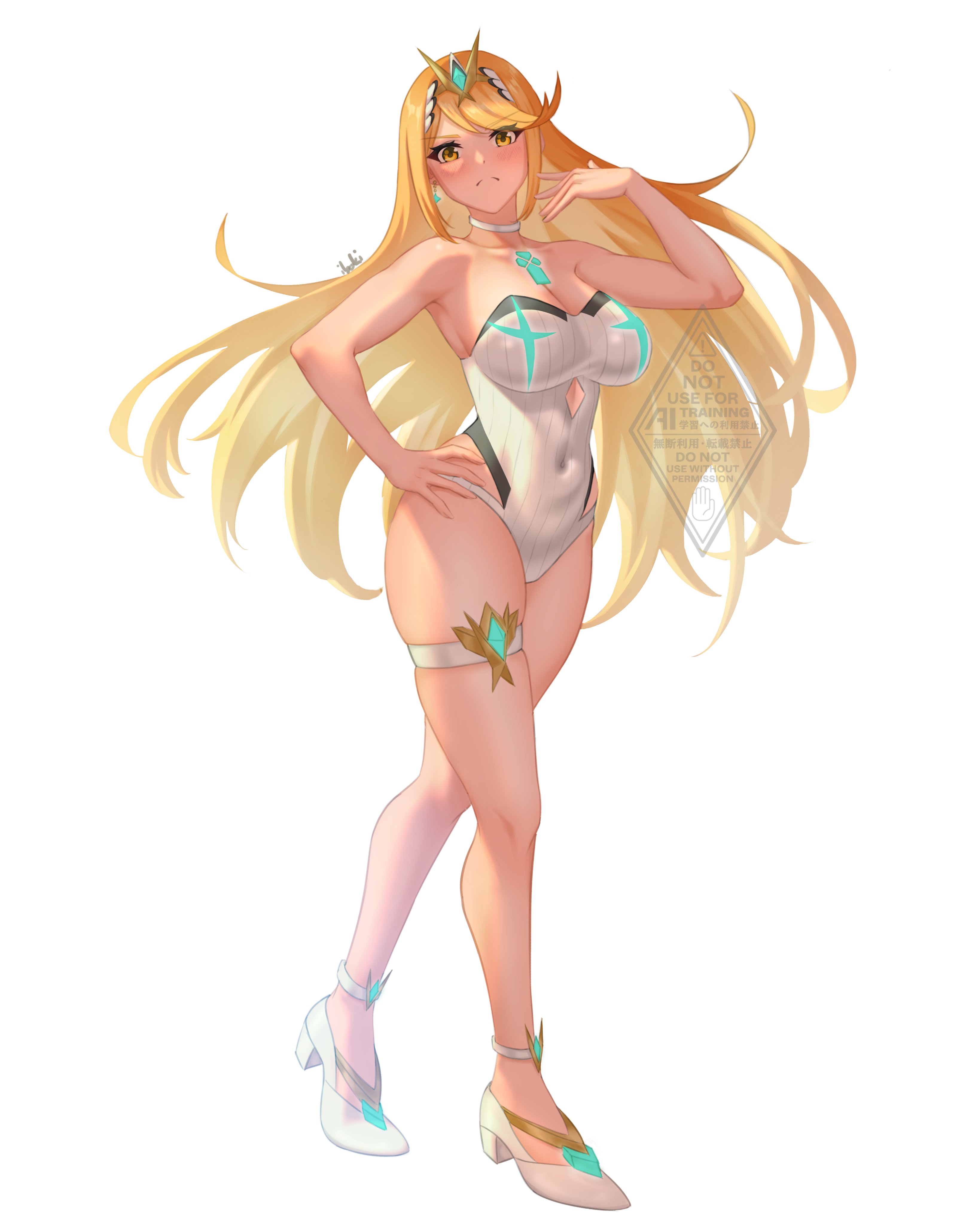 1girls, absurdres, armpits, bare shoulders, blonde hair, blush, breasts, cleavage, earrings, female, female only, full body, high heels, highres, ibouki, jewelry, large breasts, long hair, looking at viewer, mythra, mythra (radiant beach) (xenoblade), mythra (xenoblade), one-piece swimsuit, simple background, solo, strapless, strapless one-piece swimsuit, swimsuit, tiara, white background, white one-piece swimsuit, xenoblade (series), xenoblade chronicles 2, yellow eyes