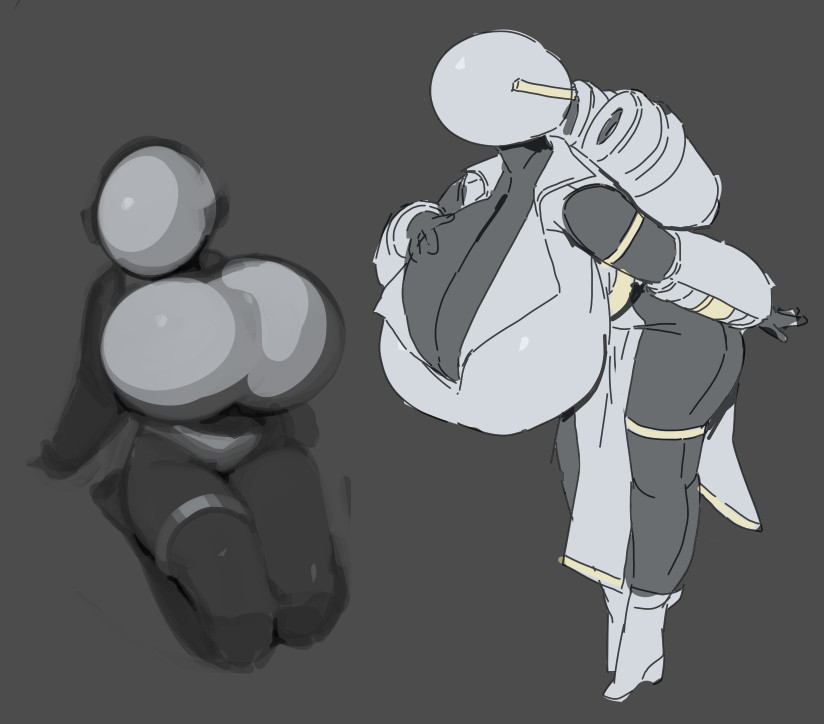 1girls, aortauricle, artificer (risk of rain), big breasts, black body, breasts, cleavage, color, curvy, curvy female, digital media, female, female only, gigantic breasts, grey background, huge breasts, hyper breasts, risk of rain, solo, tagme, top heavy