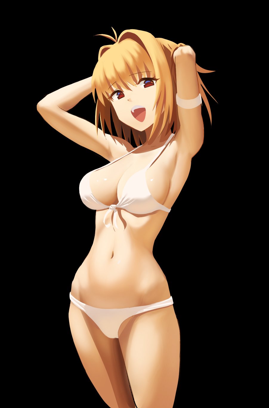 1girls :d ahoge alternate_costume arcueid_brunestud armpits arms_behind_head bikini black_background blonde_hair breasts cleavage female hair_between_eyes hair_intakes highres huge_breasts looking_at_viewer navel raie_l red_eyes short_hair sidelocks smile solo swimsuit teeth thighs tsukihime upper_body upper_teeth_only white_bikini wide_hips
