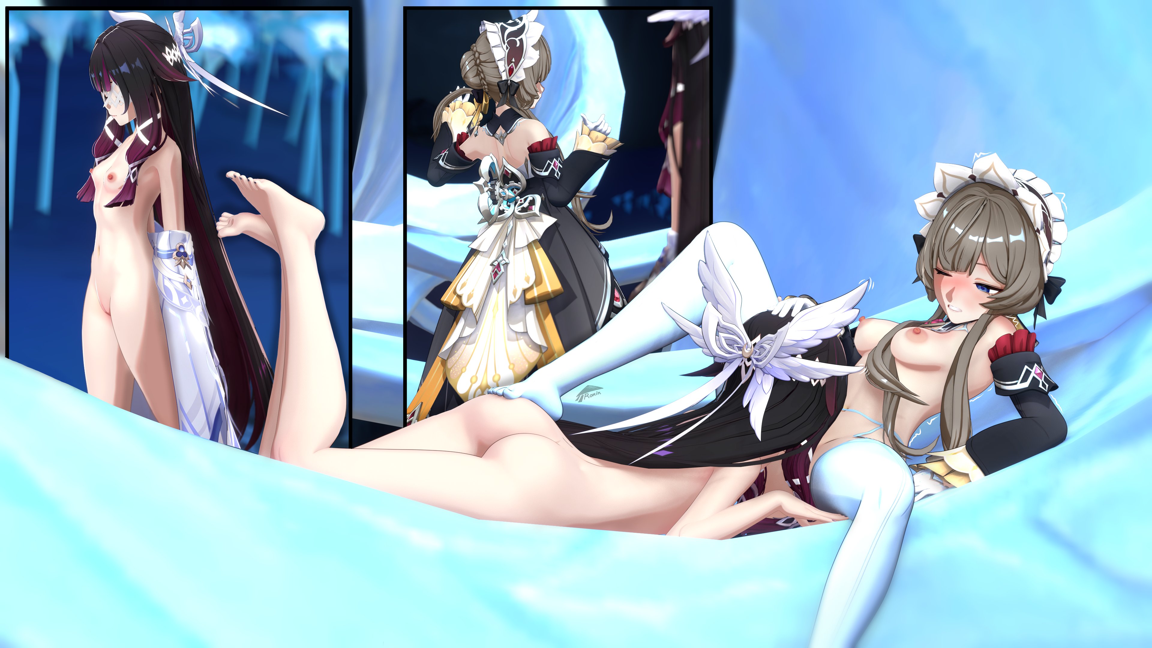 2girls, 3d, blush, columbina (genshin impact), cunnilingus, female, female only, genshin impact, hoyoverse, long hair, looking pleasured, mihoyo, roninsune, sandrone (genshin impact), spread legs, yuri