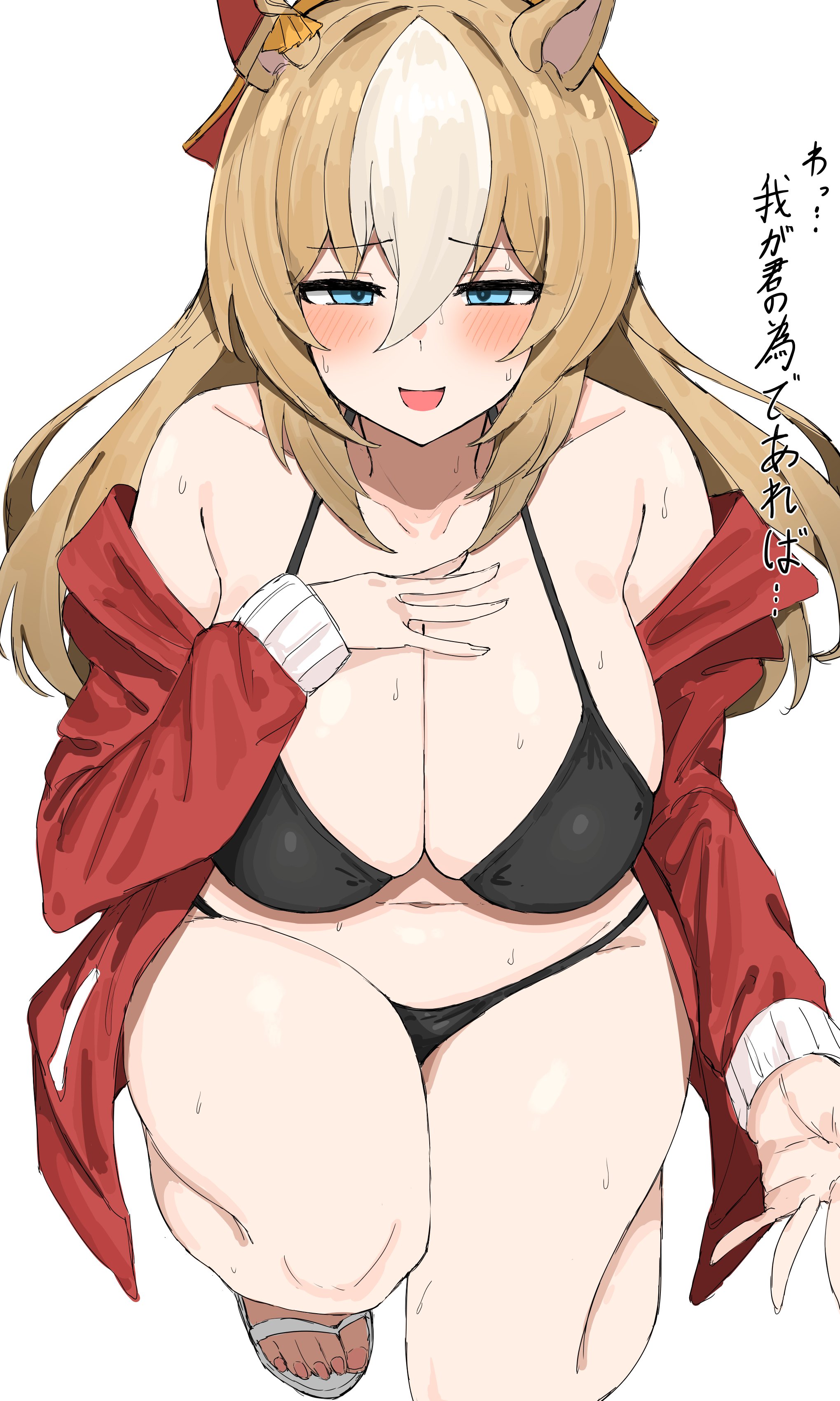 1girls, bikini, black bikini, blonde hair, blue eyes, blush, breasts, cleavage, durandal (umamusume), female, flip flops, horse ears, horse girl, jacket, japanese text, kumiyabe, large breasts, long hair, open clothes, open jacket, partially clothed, sandals, solo, solo female, streaked hair, sweat, umamusume, white streak