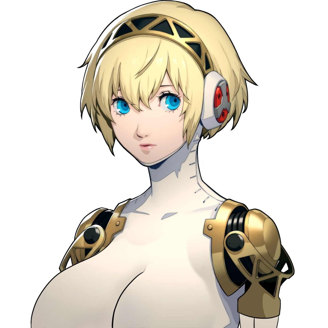 aigis (persona), big breasts, big cleavage, blonde hair, blue eyes, bodysuit, cleavage, edit, edited official artwork, headgear, headwear, light skin, lipstick, official artwork edit, official style, persona, persona 3, portrait, shittyartz, short hair, solo, upper body