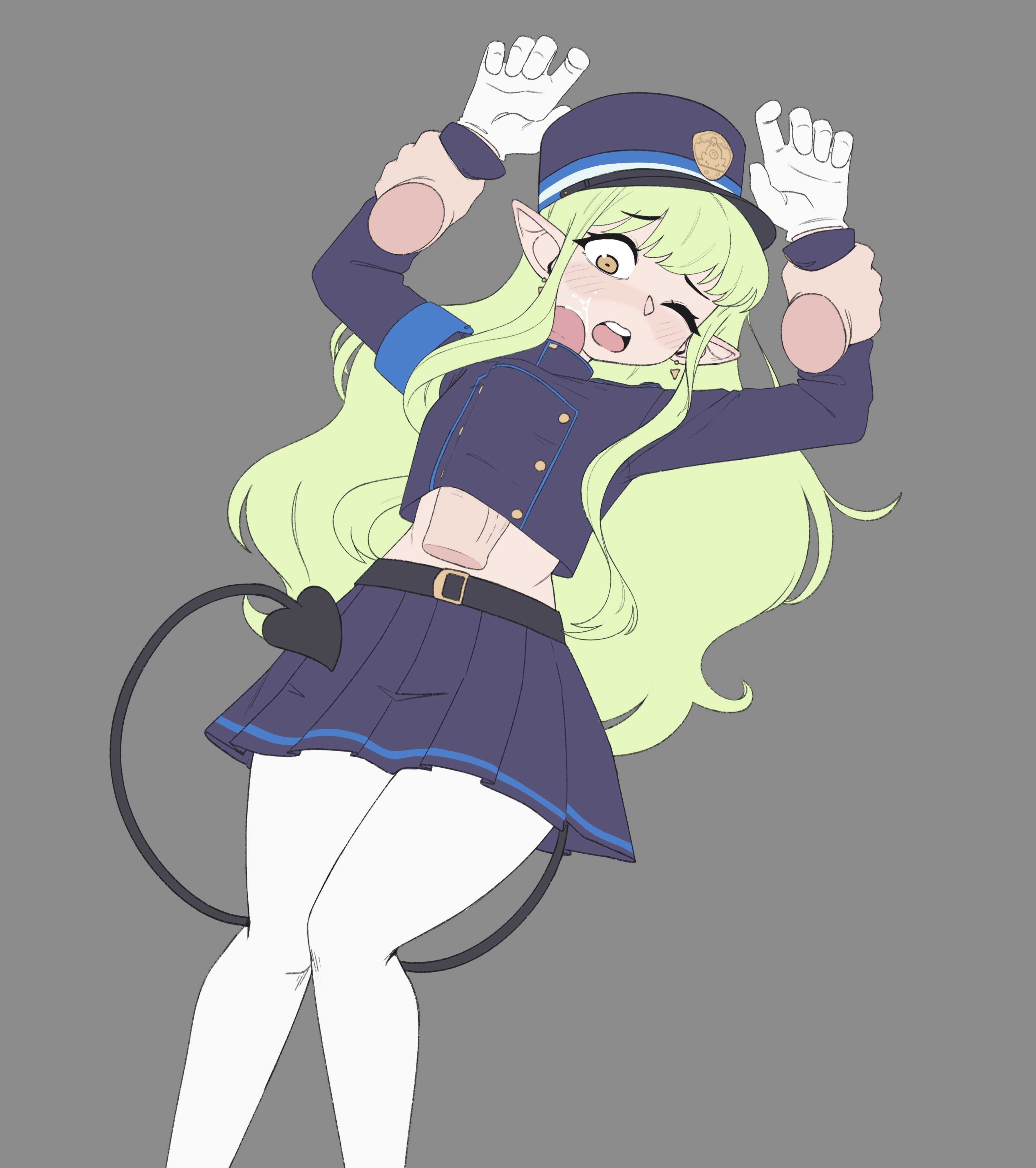 1boy, 1girls, absurdres, armband, arms up, belt, blue archive, blue armband, blush, cum, cum on face, demon tail, disembodied hand, disembodied penis, embarrassed, flat chest, gloves, green hair, grey background, groin, hands up, hat, hetero, highres, hiivenn, hiivenn (artist), hikari (blue archive), hip focus, huge cock, large penis, legs together, long hair, long sleeves, looking at penis, looking down, lying, midriff, naizuri, naizuri under clothes, nose, on back, one eye closed, open mouth, paizuri, paizuri under clothes, pantyhose, penis, pleated skirt, pointy ears, precum, precum on face, rape, simple background, skirt, tail, teeth, thighhighs, uncensored, upper teeth only, white gloves, white thighhighs, wrist grab, yellow eyes