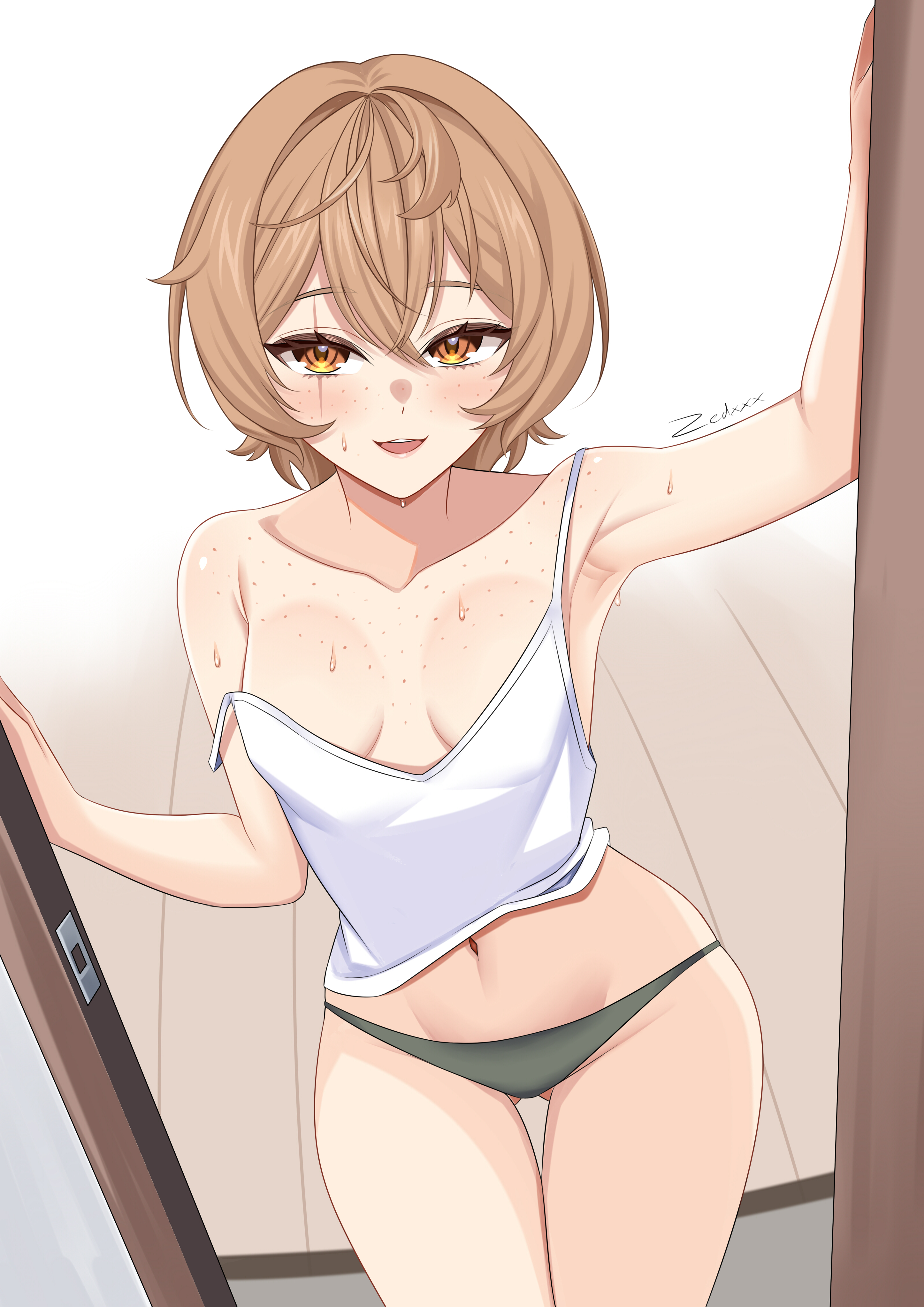 brown hair, butt fang, cleavage, clio aite, flat chest, flat hag, freckles, hag, hips, mature female, midriff, milf, navel, older female, orange eyes, panties, phase connect, scar, scar on face, shirt, short hair, small breasts, sweat, teacher, thighs, virtual youtuber, zedxxx