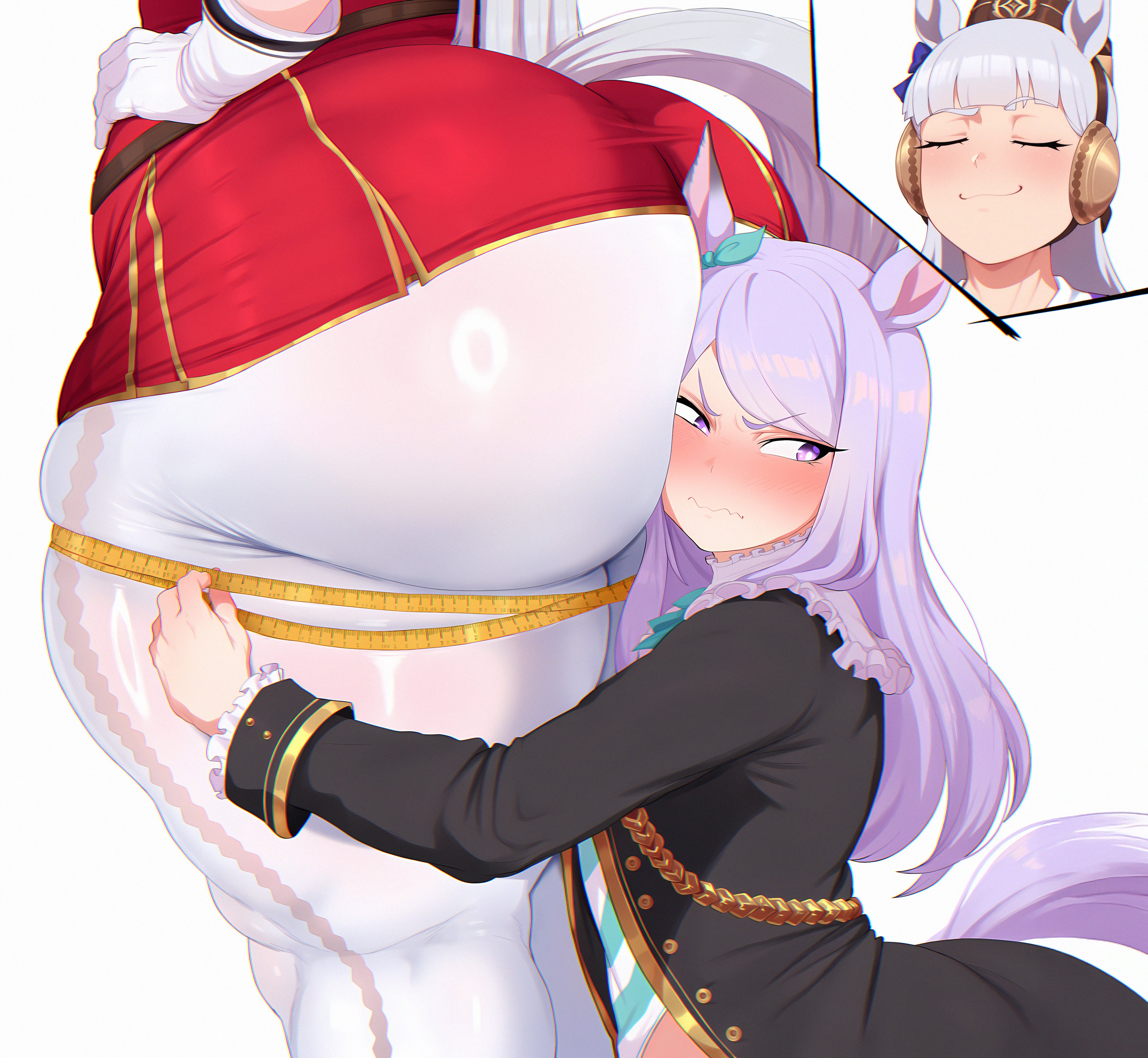 2026, 2girls, accidental circumstance, ai generated, ass, ass focus, big ass, blushing, bubble butt, child bearing hips, dat ass, dumptruck ass, el memc, face on ass, fat ass, female, female only, gold ship (umamusume), hands on hips, hat, he tryna ignore it (meme), horny, horny female, horse ears, horse girl, horse tail, huge ass, looking away, measurements, measuring, measuring ass, measuring tape, mejiro mcqueen (umamusume), memch0, purple eyes, purple hair, rubbing ass, small breasts, thick thighs, thunder thighs, tight clothing, umamusume, umamusume pretty derby