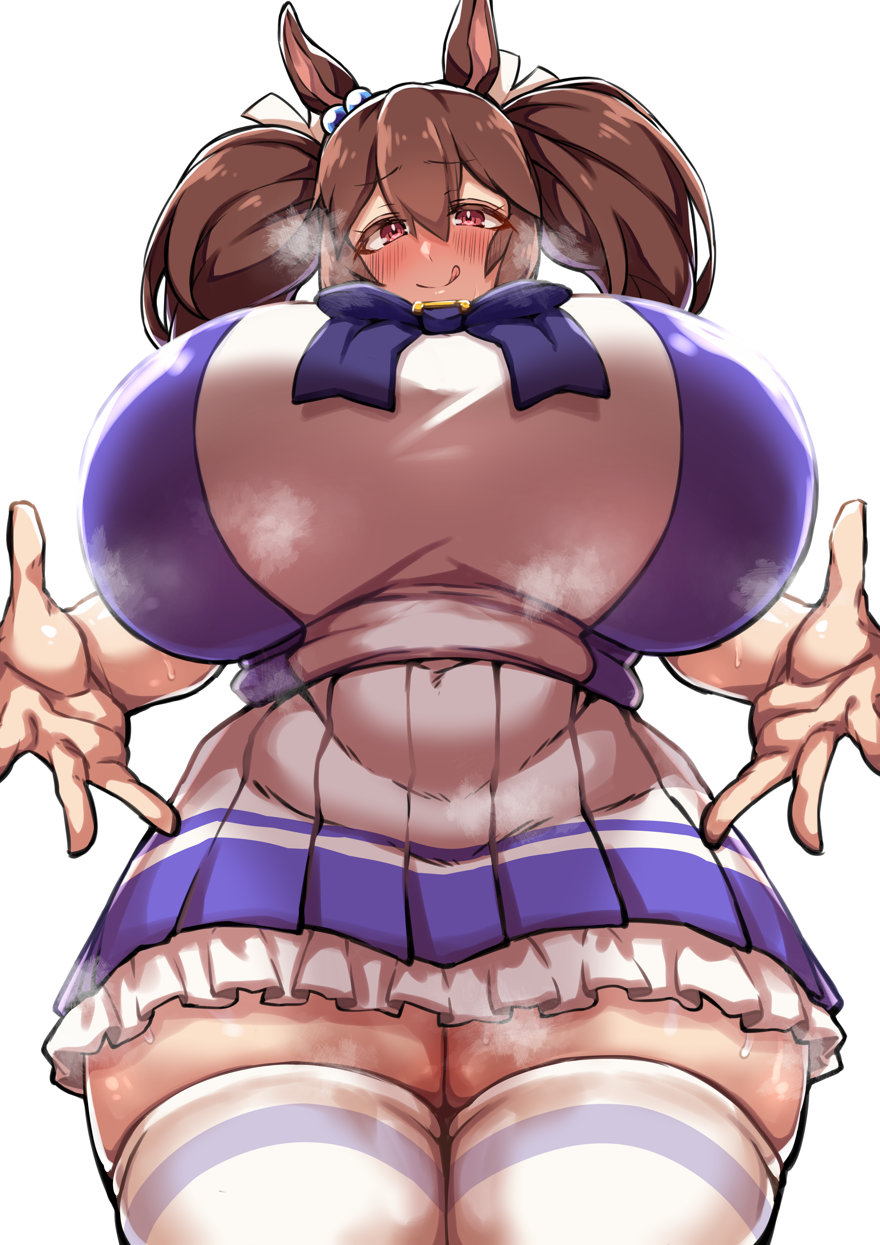 big breasts, blush, breasts, breath, brown eyes, brown hair, female, female only, fully clothed, gigantic breasts, hishi akebono (umamusume), horse ears, horse girl, huge breasts, looking at viewer, looking down, low-angle view, outstretched arms, school uniform, smile, solo, steam, thick thighs, thighhighs, tracen school uniform, twintails, udonko, umamusume, umamusume pretty derby, uniform, wide hips, zettai ryouiki