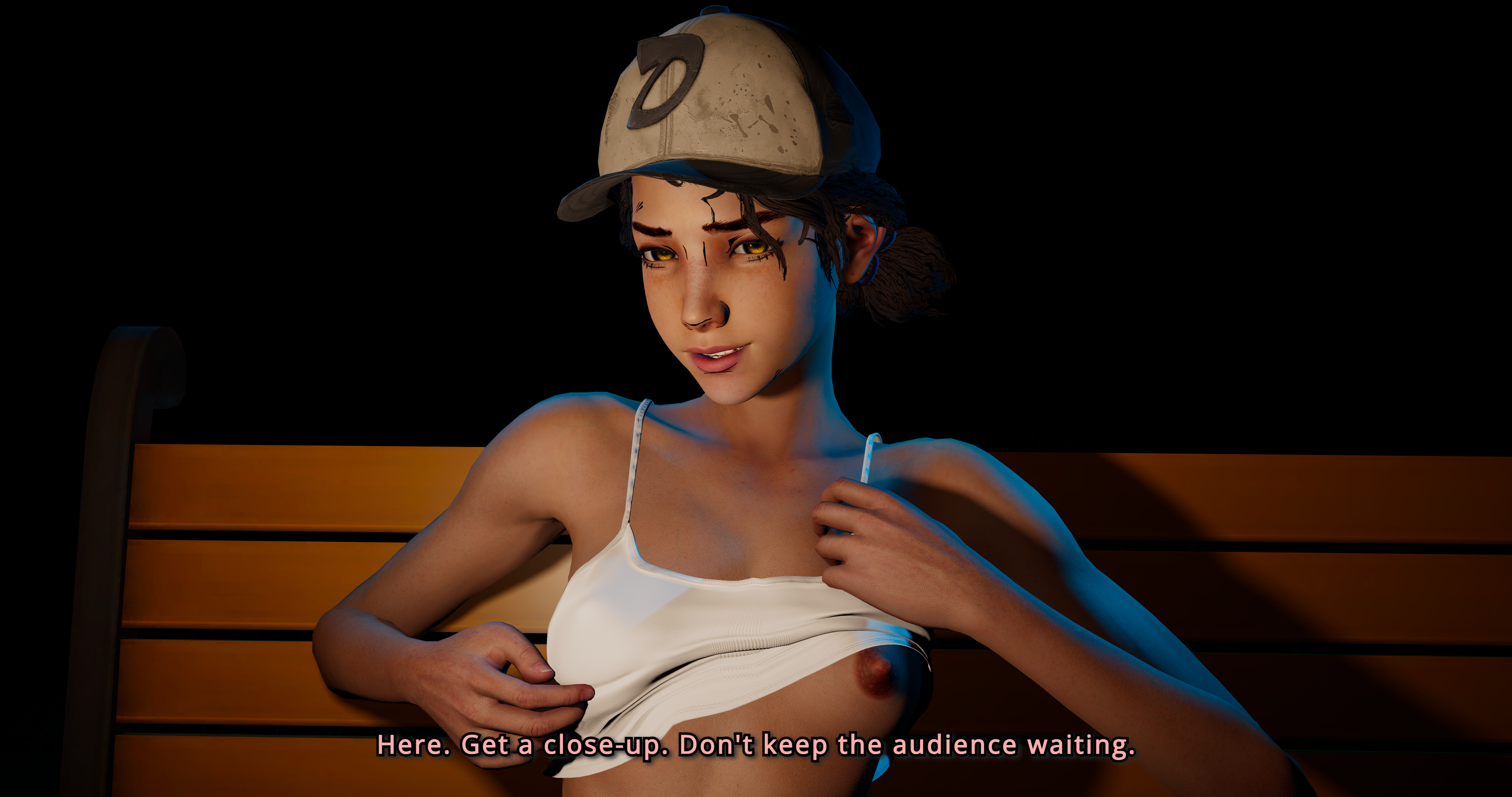 1girls, 3d, 3d (artwork), 3d model, 3d render, 4k, areola, baseball cap, bench, breasts, breasts out, brown eyes, brown hair, clementine (the walking dead), dark nipples, english, english dialogue, english text, erect nipples, female, female focus, female only, hat, headwear, high resolution, highres, lifting shirt, light skin, light-skinned female, looking at viewer, magichat, medium breasts, medium hair, night, nipples, outdoors, outside, tank top, tank top lift, tease, teasing, teasing viewer, text, the walking dead, the walking dead game