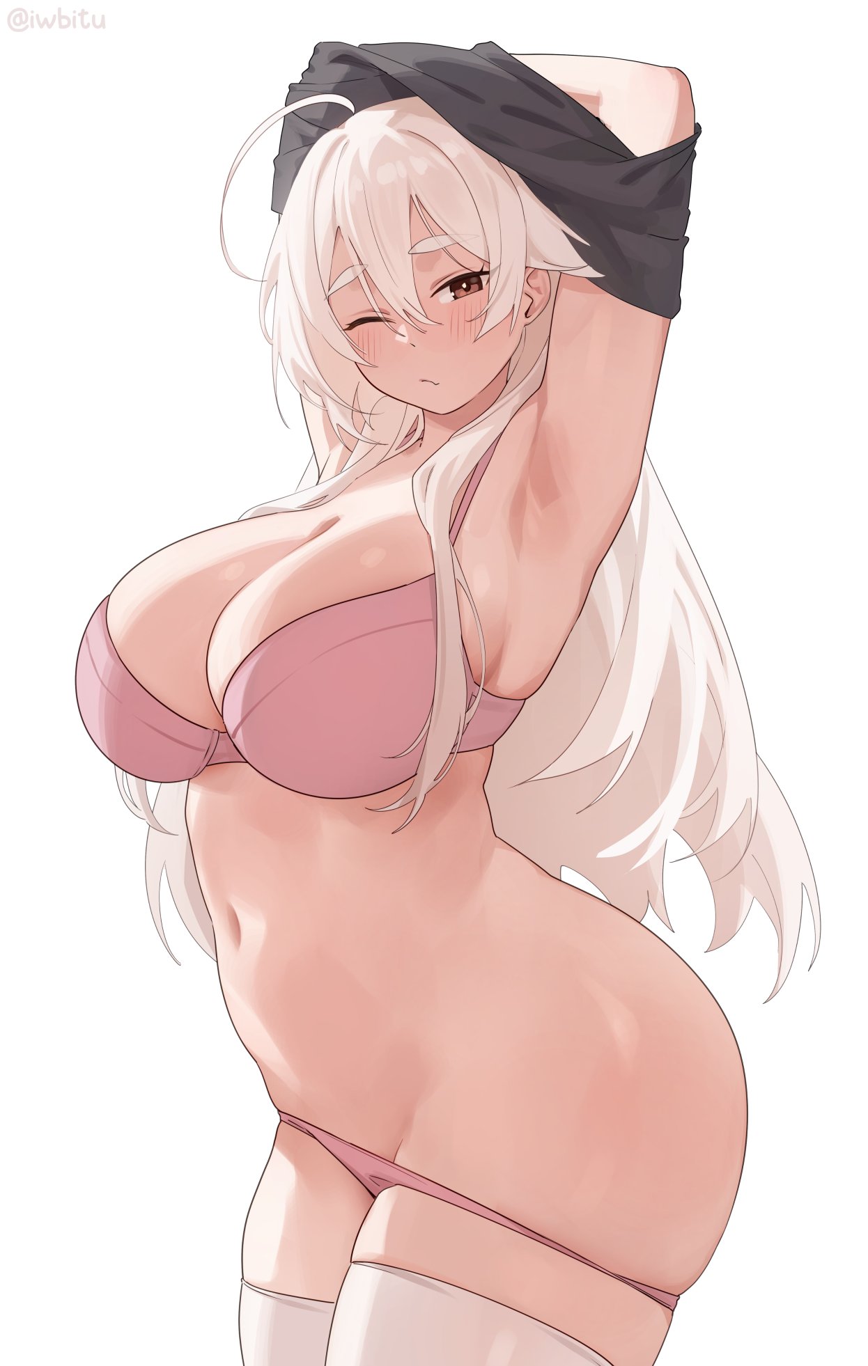 1girls, breasts, female, female focus, female only, iwbitu, large breasts, light skin, light-skinned female, nyopu (iwbitu), original, original character, solo, thick thighs, thighhighs, thighs, undressing, wide hips