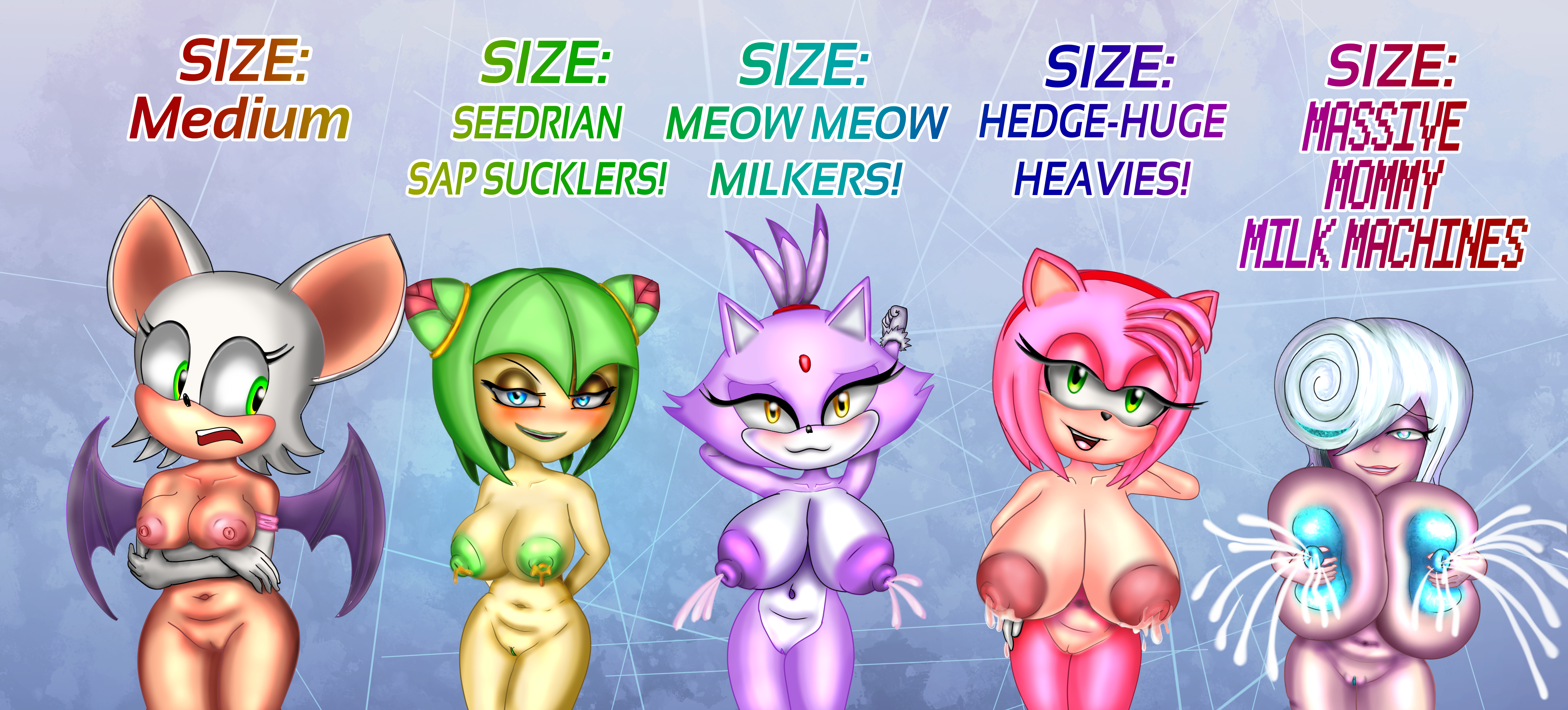 4kids entertainment, 5girls, amy rose, belly, big breasts, blaze the cat, blue eyes, blue nipples, blue pussy, breast envy, breast size comparison, breast size difference, breast size lineup, breasts, breasts out, colored nipples, completely nude, cosmo the seedrian, female, female only, furry, furry female, green eyes, green nipples, green pussy, holding breast, honey, huge breasts, human, lactating, lactating honey, lactation, lactation without expressing, medium breasts, milk, multiple girls, nude, pillow shading, pink areola, pink fur, pink nipples, pudgy belly, purple fur, purple nipples, purple pussy, pussy, rouge the bat, sage (sonic frontiers), sega, self fondle, shockstar, shortstack, sonic (series), sonic frontiers, sonic the hedgehog (series), sonic x, text, tms entertainment, unusual lactation, white fur